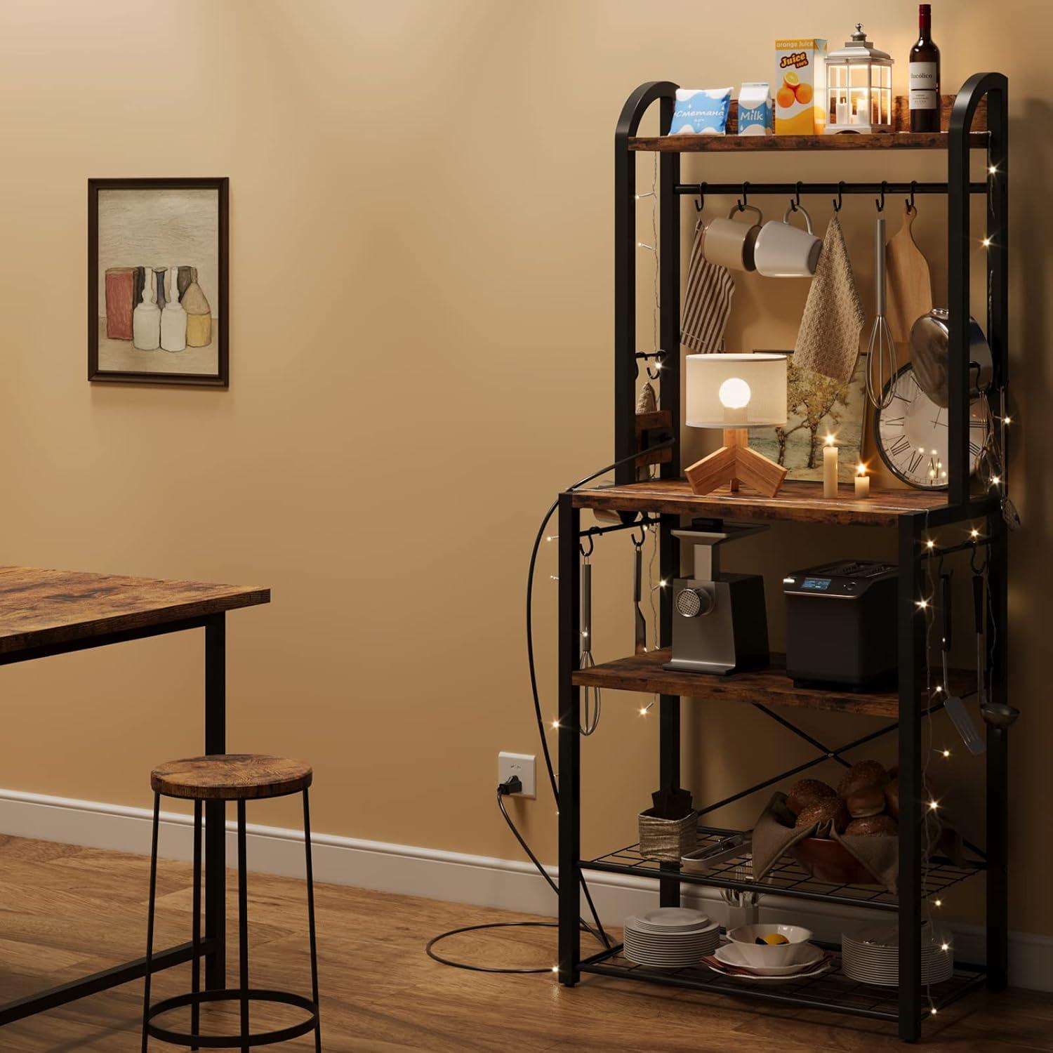 Whizmax Bakers Rack with Power Outlet, Industrial Microwave Stand, Coffee Bar Table Station with Metal Wire Panel, Kitchen Storage Rack with 8 Hooks, Rustic Brown