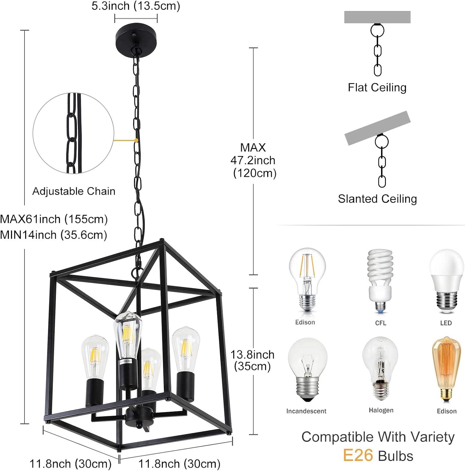 4 Light Chandelier, Industrial Ceiling Light Black Lantern Light Fixtures with Farmhouse Metal Cage Adjustable Height Rustic Geometric Hanging Light E12 Base for Kitchen Island, Entryway, Indoor