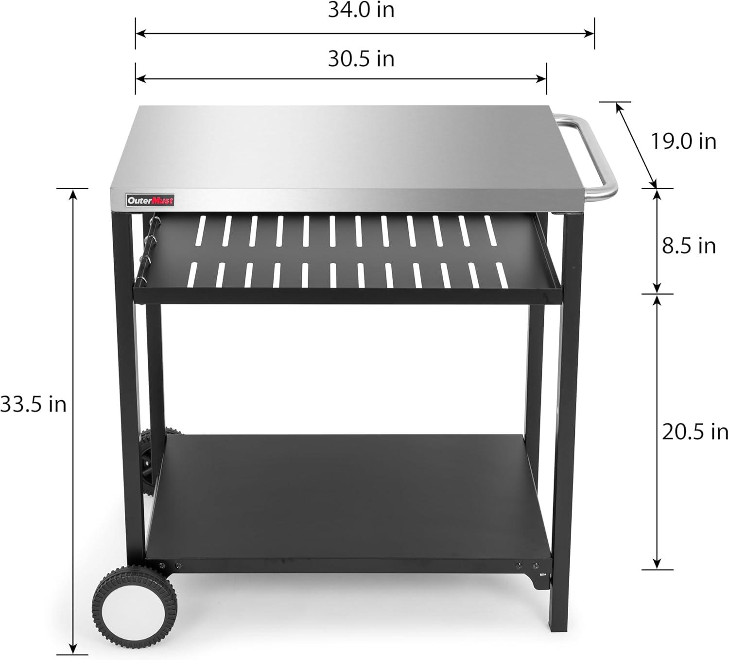 Silver and Black Steel Outdoor Grill Cart with Shelves