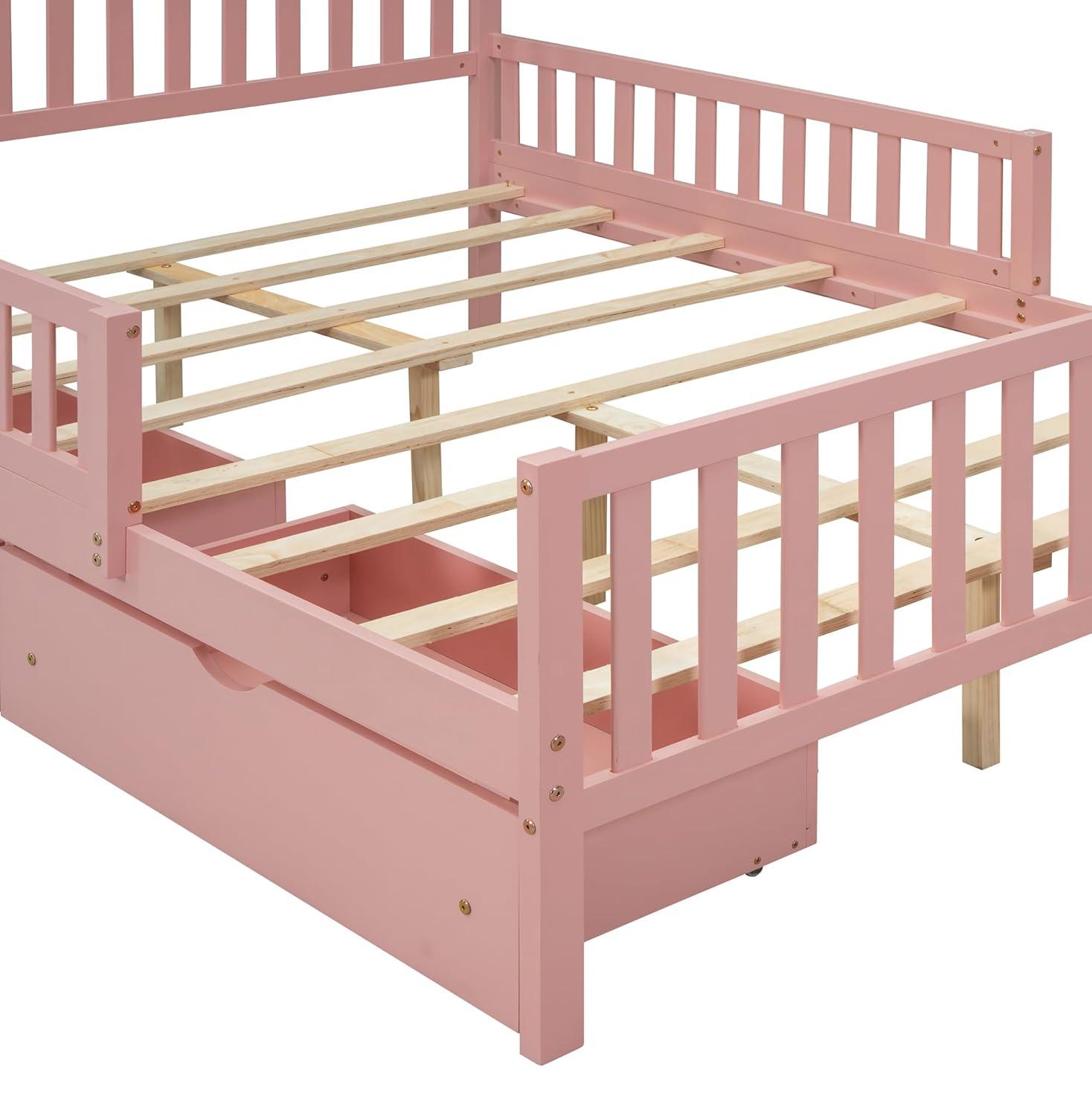 Harper & Bright Designs Full Storage Bed Frame for Kids, Wood Full Size Bed with 2 Drawers, Full Platform Bed with Guardrails on Both Sides for Kids, Girls, Boys, Pink