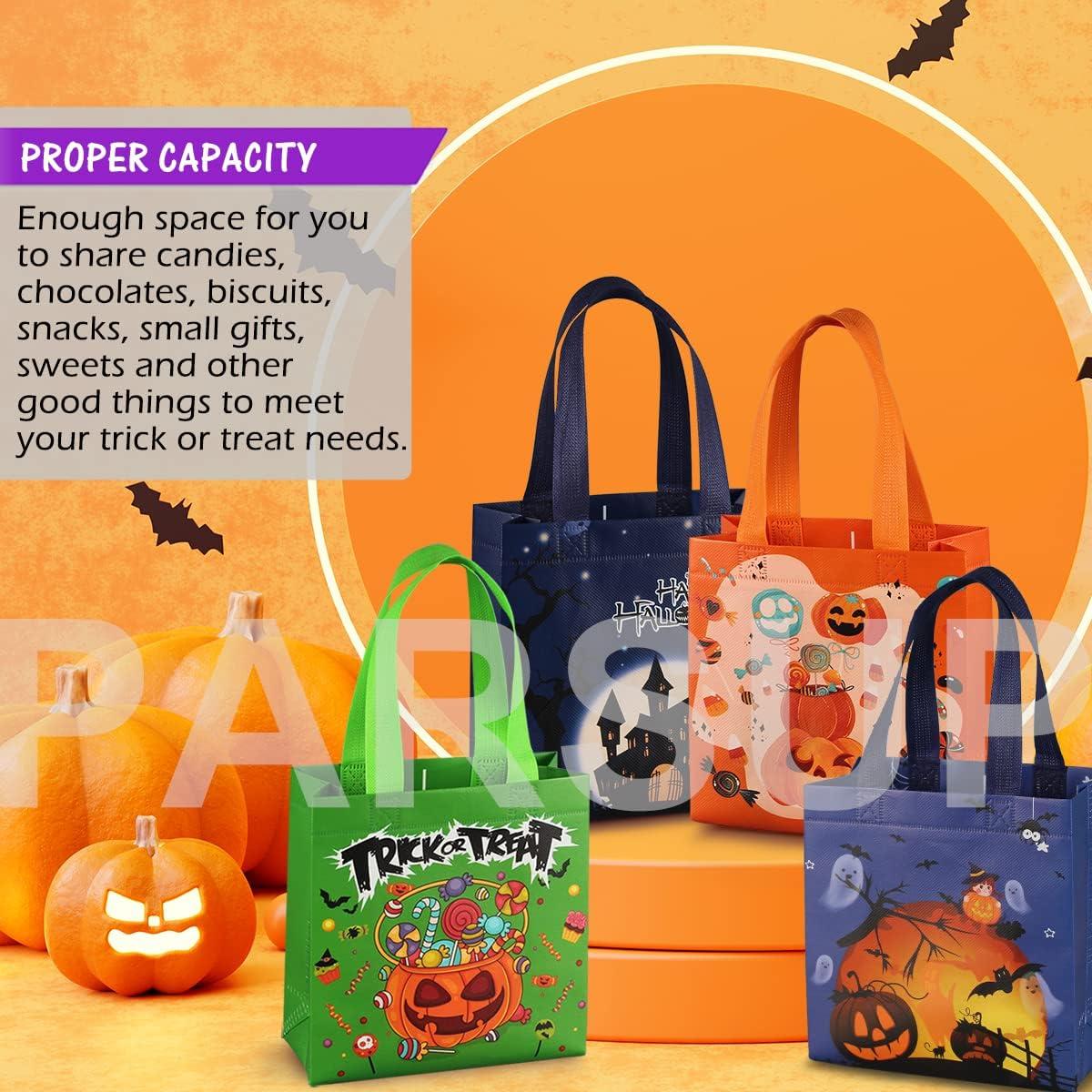PARSUP Halloween Trick or Treat Bags, 16PCS Small Gift Tote Non-Woven Bags with Handles for Gifts Wrapping, Halloween Party Supplies, 7.9 * 7.9 * 3.15"