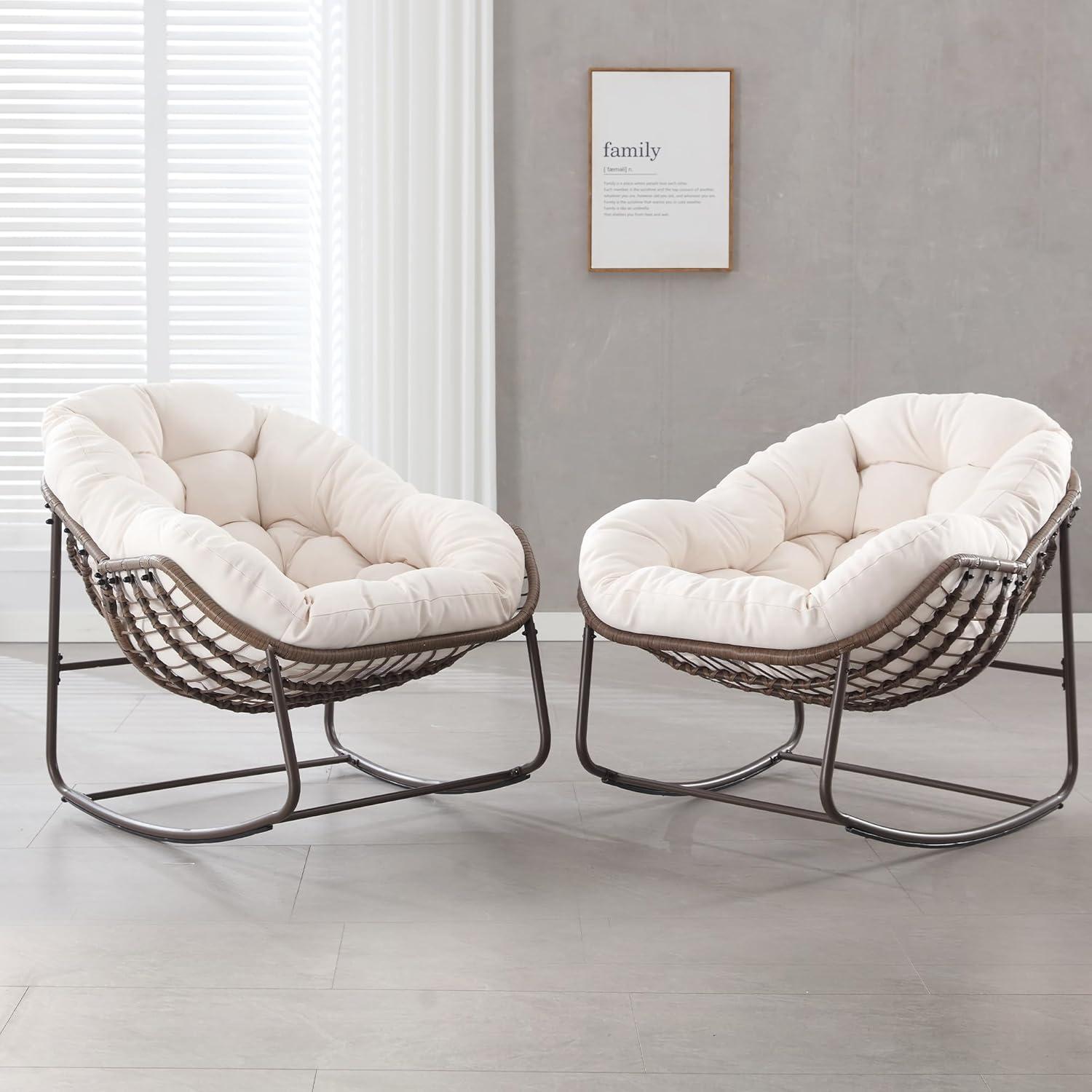Outdoor Papasan Rocking Chair - Oversized Comfy Patio Chair Set of 2 Indoor Egg Royal Double Rattan Rocking Chair with Cushion for Front Porch Lounge Lawn Bedroom (Cream)