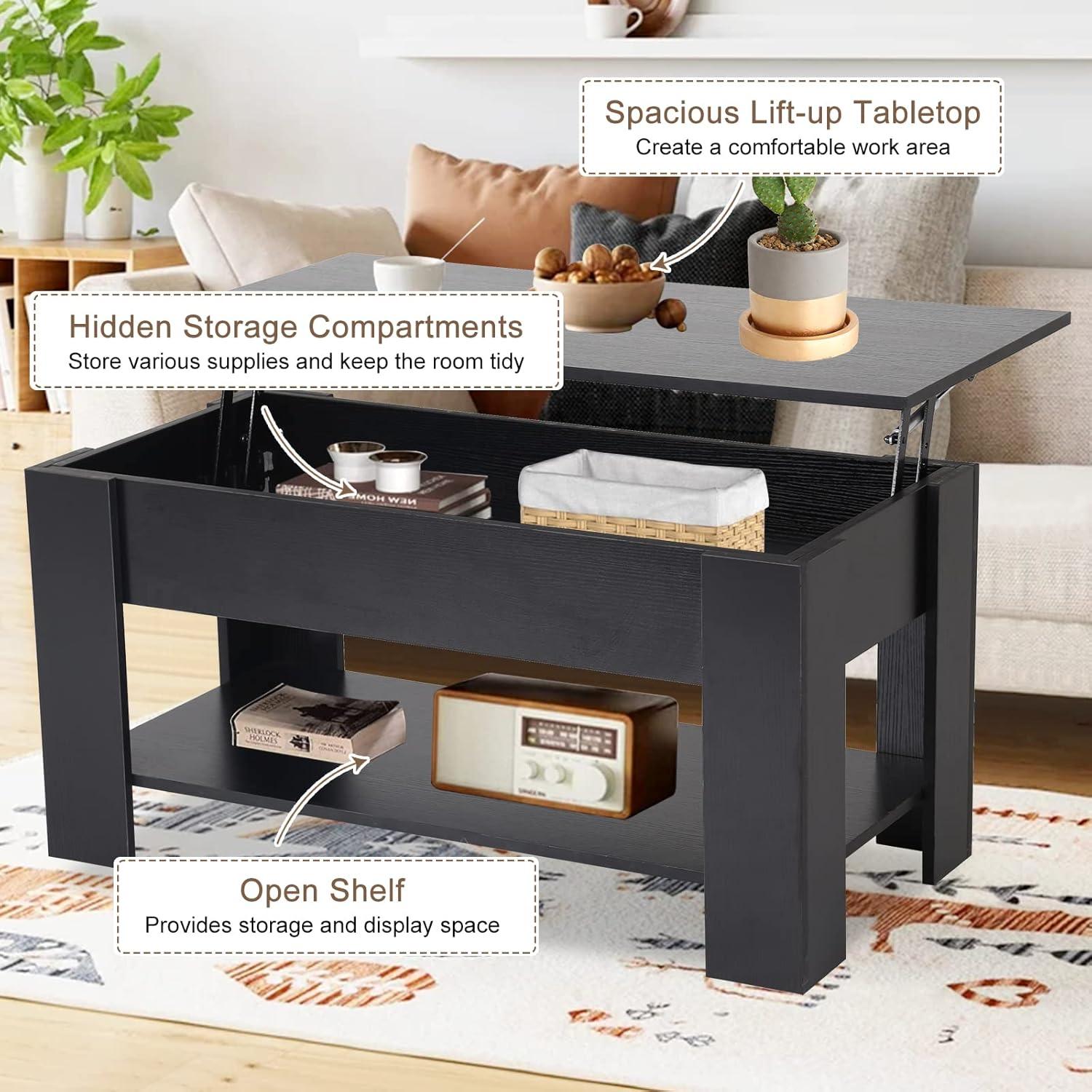 FDW Coffee Tables with Hidden Compartment and Storage Shelf Wooden Lift Tabletop Dining Table for Living Room Home (White)