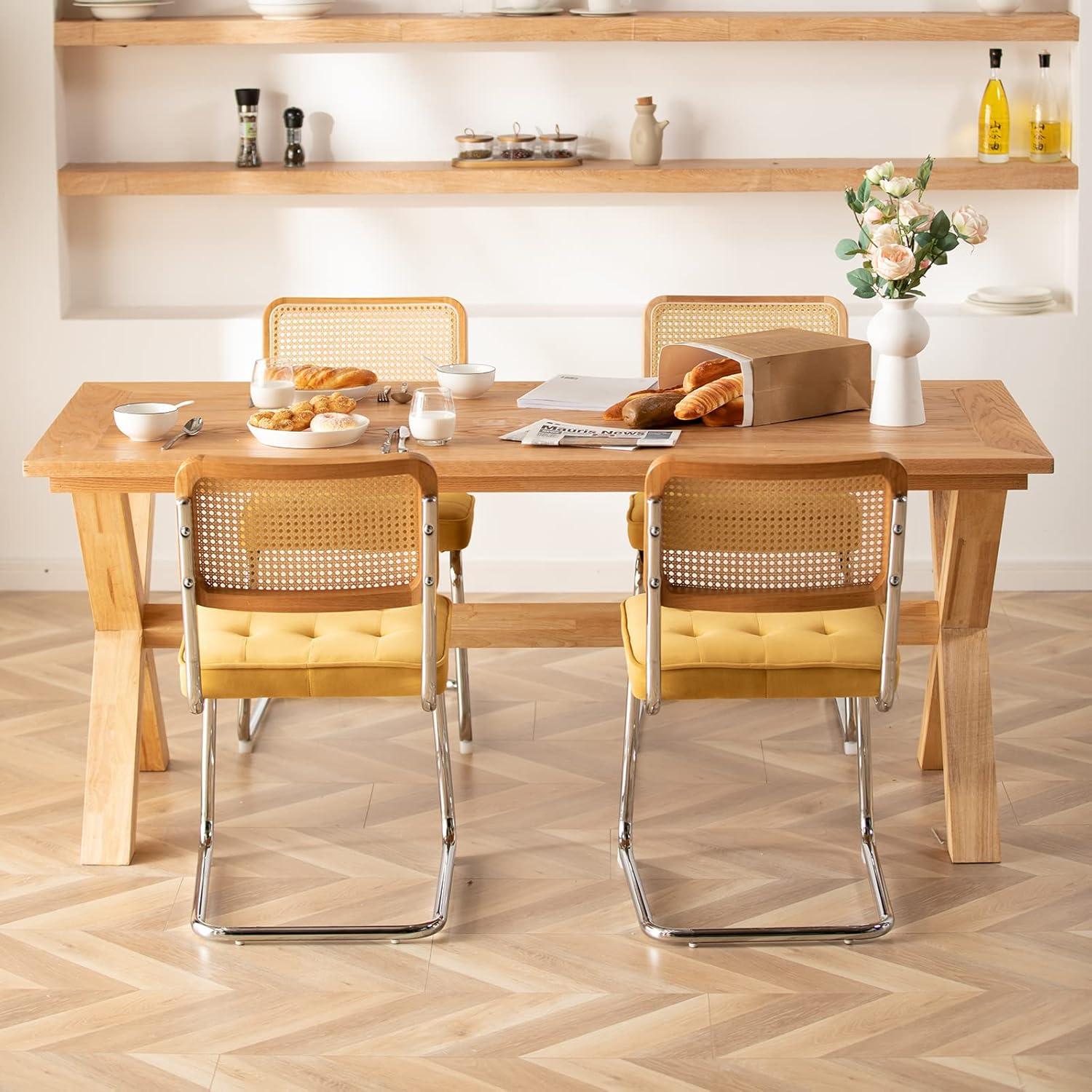 COLAMY Velvet Rattan Dining Chairs Set of 2, Mid Century Modern Dining Room Kitchen Side Chairs with Metal Chrome Legs and Upholstered Seat for Home, Living Room, Bedroom - Yellow