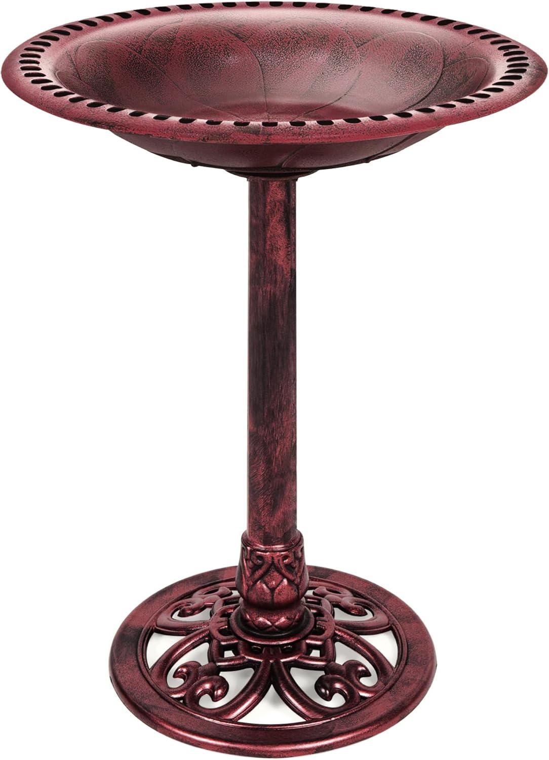 Cherry Red Rustic Polyresin Pedestal Bird Bath with Fleur-de-Lis Accents