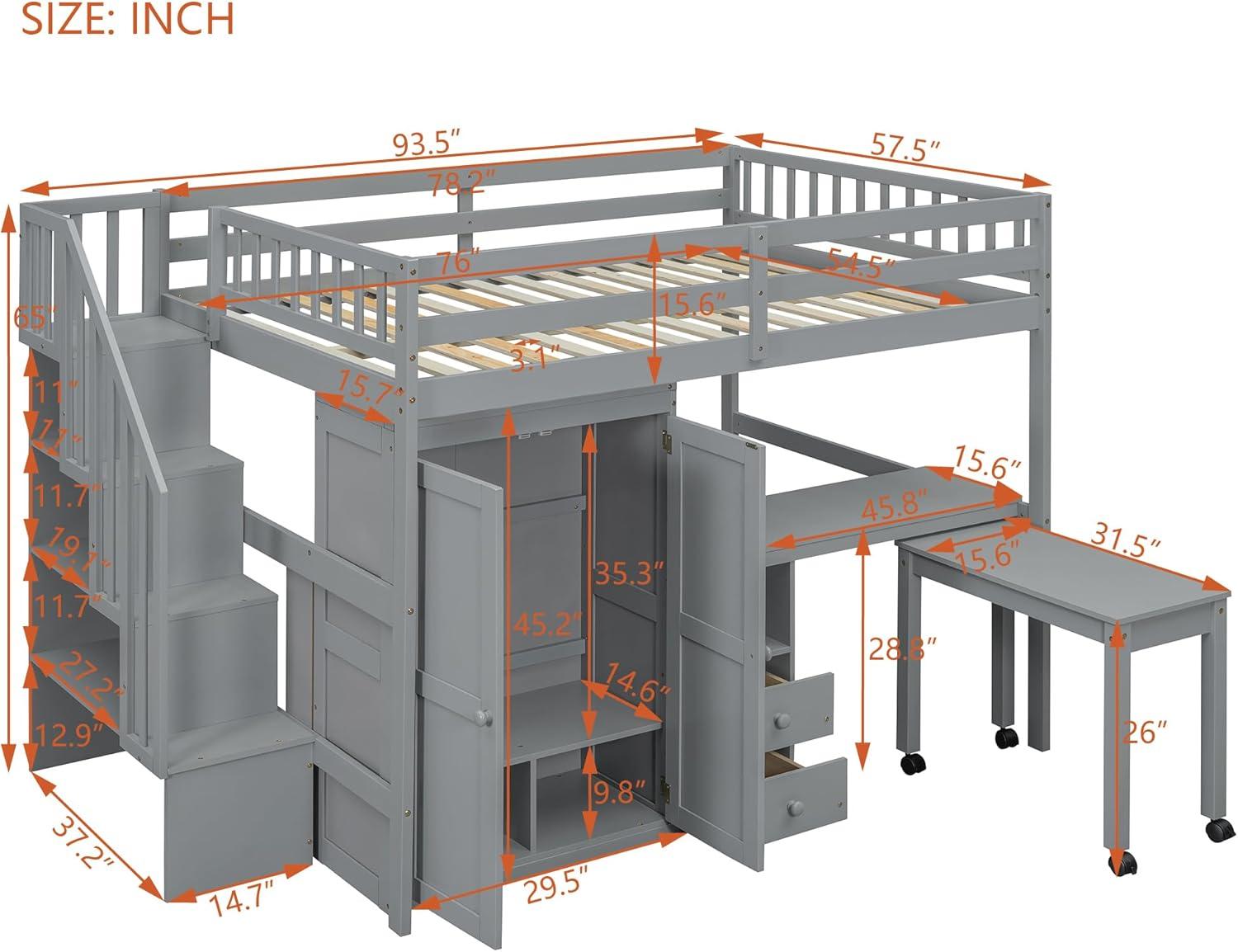 Harper & Bright Designs Full Size Loft Bed with Desk, Wood Full Loft Bed with Stairs, Bookshelf, Drawers & Wardrobe – Space-Saving Multifunctional Furniture, Gray