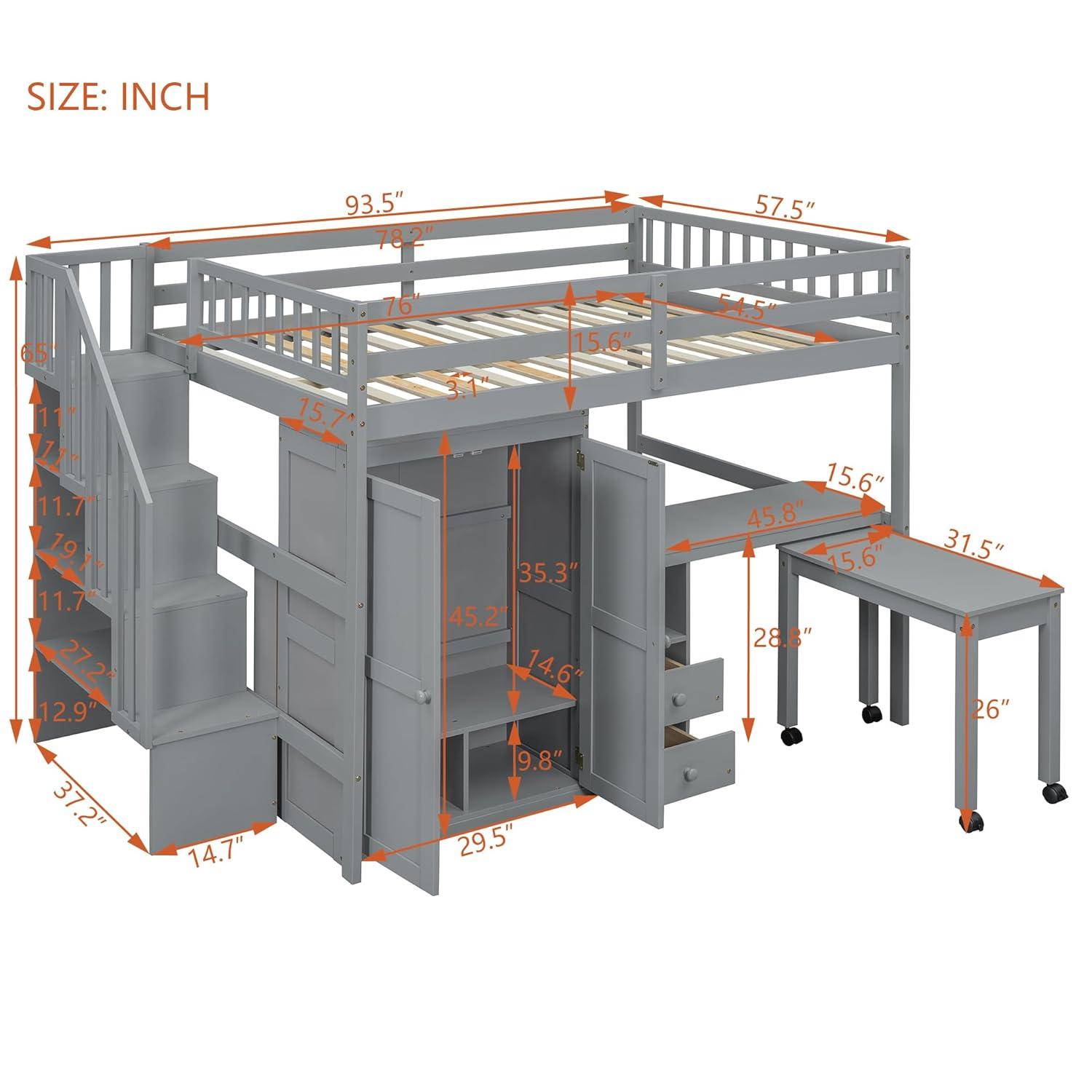 Harper & Bright Designs Full Size Loft Bed with Desk, Wood Full Loft Bed with Stairs, Bookshelf, Drawers & Wardrobe – Space-Saving Multifunctional Furniture, Gray