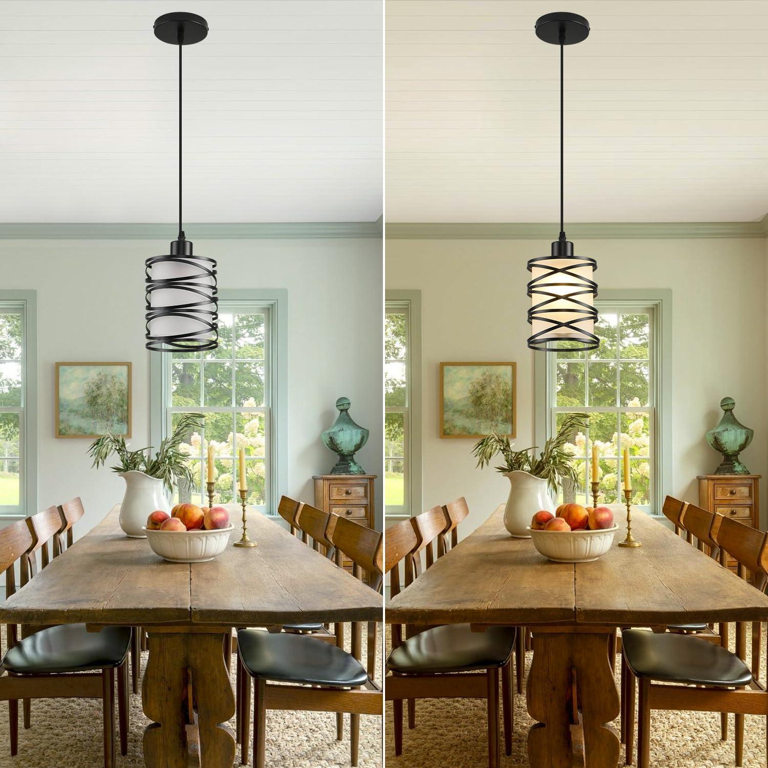 2 Pack Pendant Light Kitchen Island Pendant Lighting, Hanging Light with Spiral Cage Frosted Glass Shade, Black Modern Indoor Hanging Lamp for Dining Room Kitchen Island