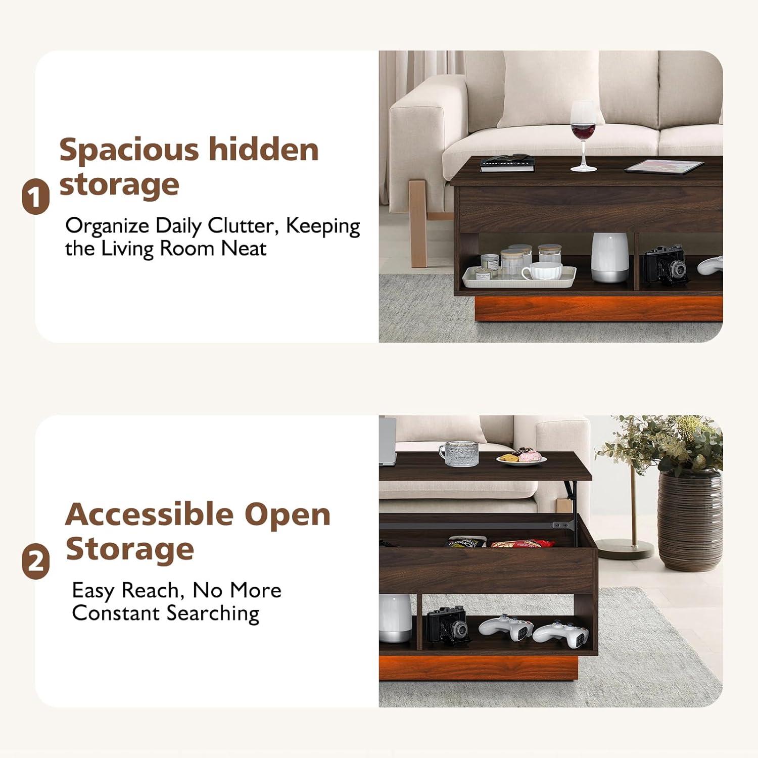 Hommpa Lift Top Coffee Table with Hidden Compartment LED Coffee Tables Dark Walnut Center Rising Cocktail Table for Living Room Accent Furniture