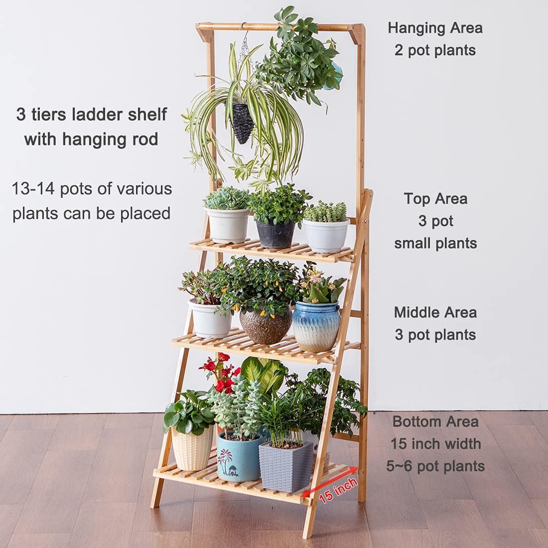 Natural Bamboo 3-Tier Hanging Plant Stand with Shelves