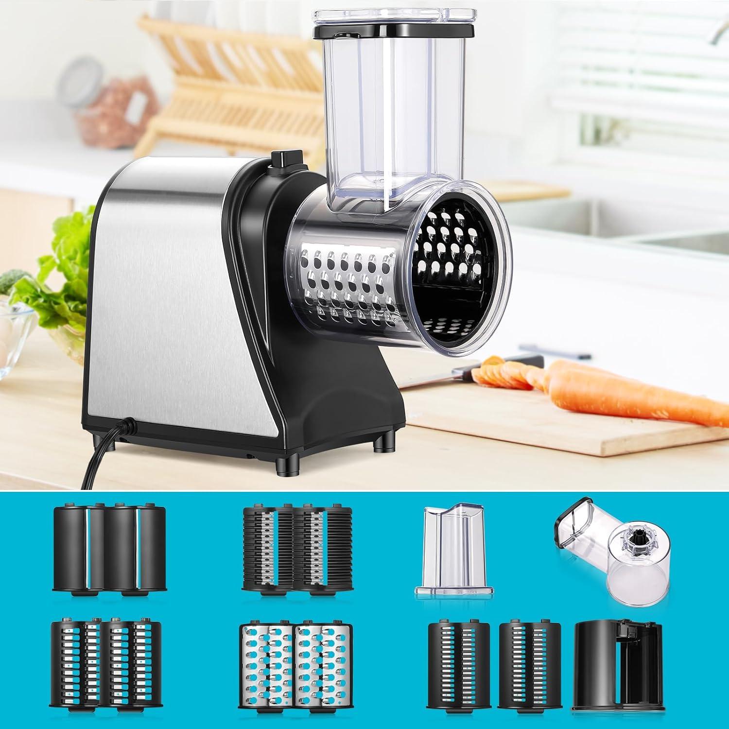 Jahy2Tech 5-in-1 Electric Cheese Grater 250W Salad Maker Slicer/Shredder One-Touch Control Powerful Electric Grater for Fruits and Vegetables, Cheese