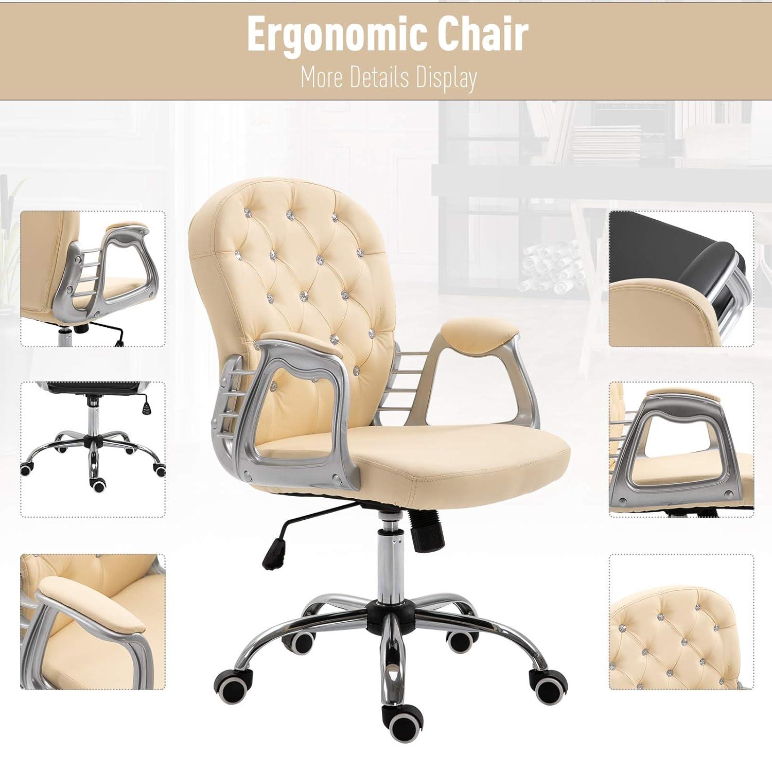 Vinsetto Vanity PU Leather Mid Back Office Chair Swivel Tufted Backrest Task Chair with Padded Armrests, Adjustable Height, Rolling Wheels, Beige