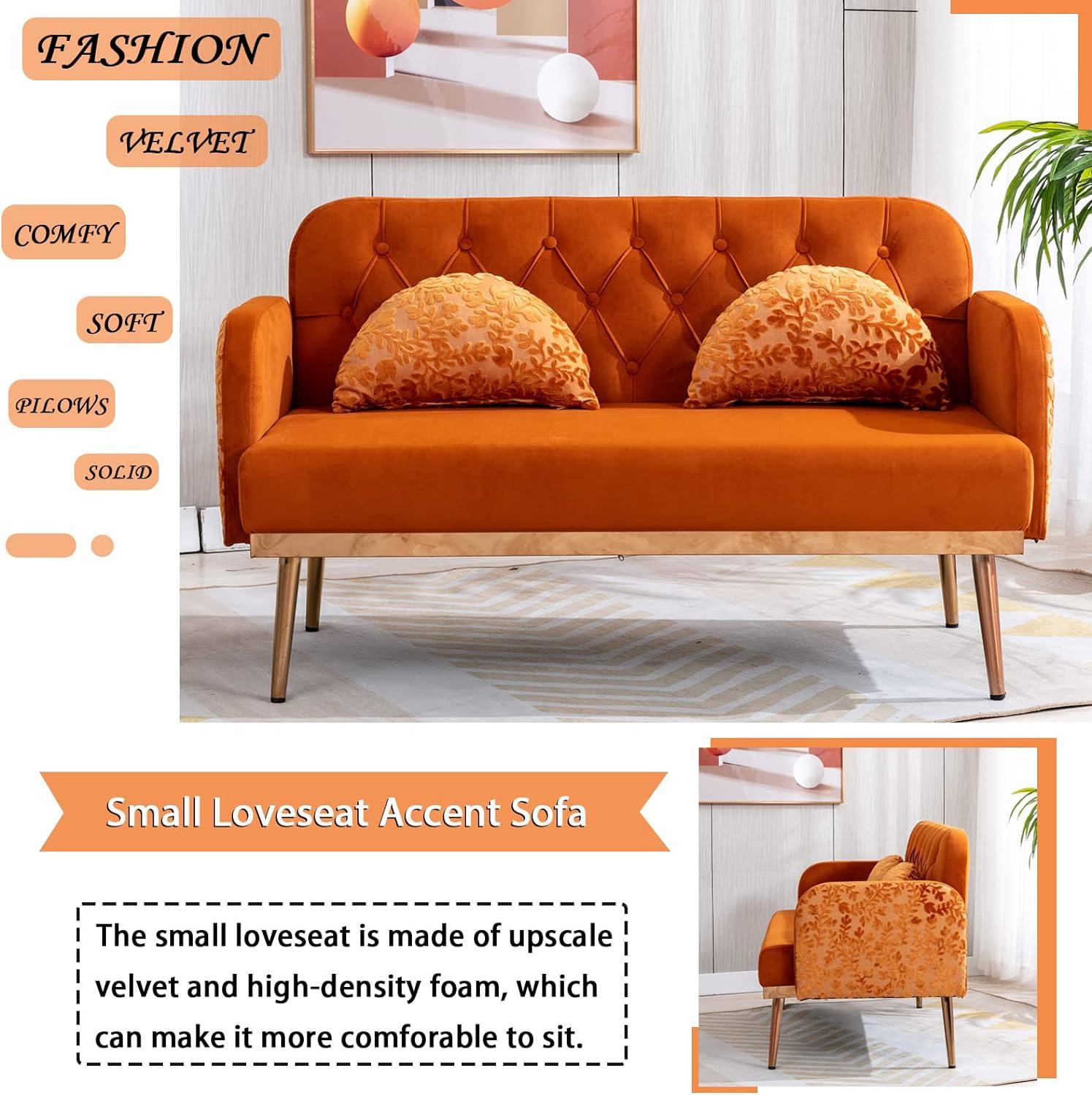 55-inch Small Velvet Couch with Elegant Moon Shape Pillows, Twin Size Loveseat Accent Sofa with Golden Metal Legs, Living Room Sofa with Tufted Backrest, 600 Pounds Weight Capacity-Orange