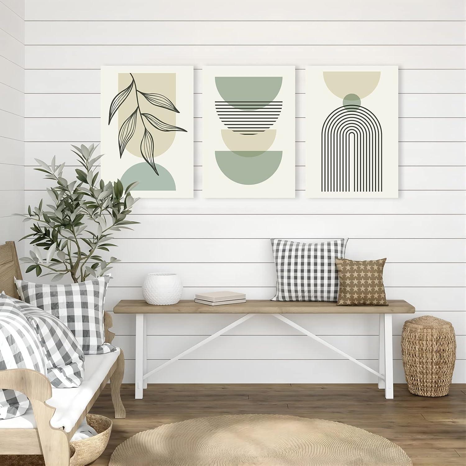 Sage Green Abstract Boho Canvas Wall Art Set