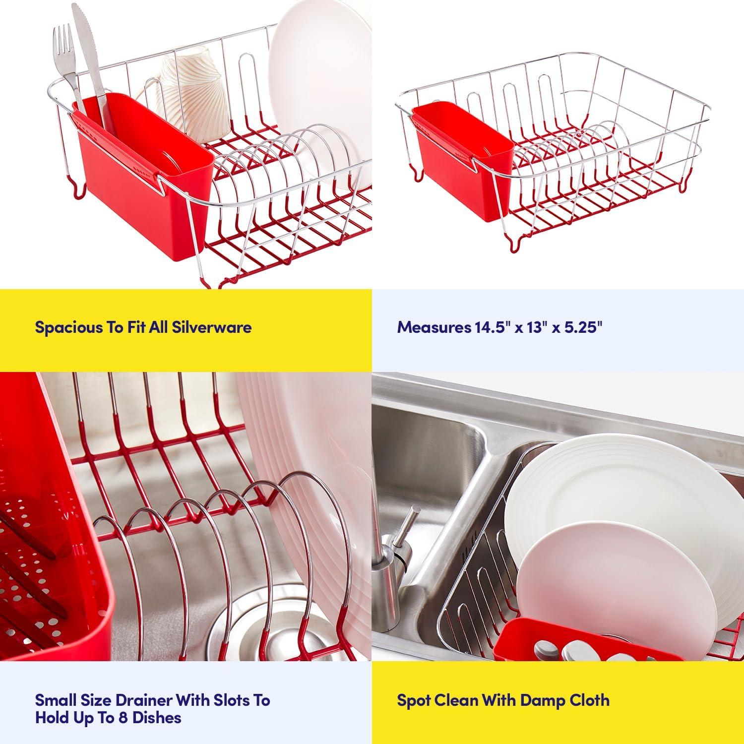 Sweet Home Collection Metal 2 Piece Dish Drying Rack Set Drainer with Utensil Holder Simple Easy to Use Fits in Most Sinks, 14.5" x 13" x 5.25", Red