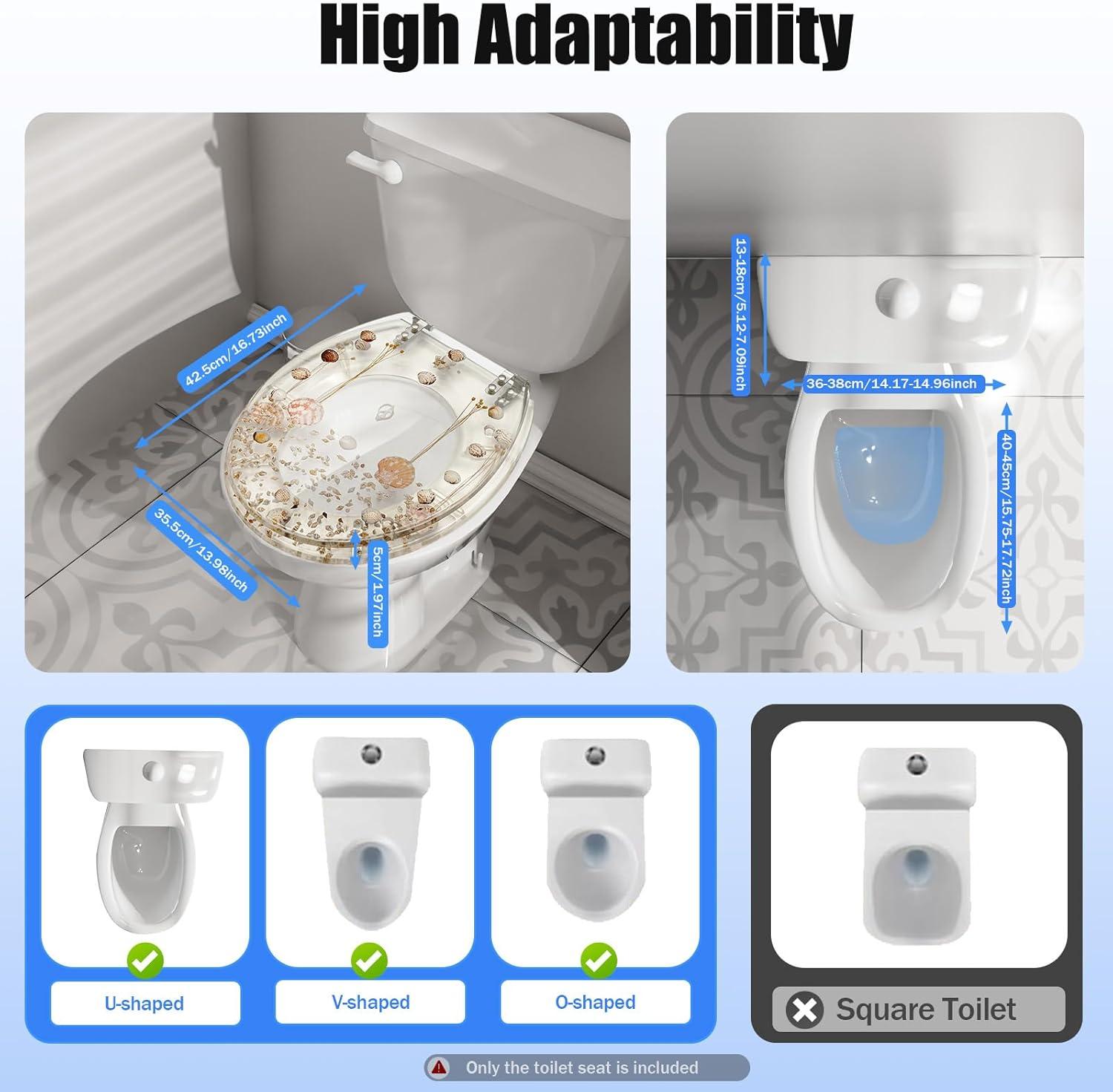 Transparent Resin Shell Polyresin Toilet Seat, Decoration Transparent Safety U/V Shape Seashell Sea Plants Decor Bathroom Toilet Seat with Hinges