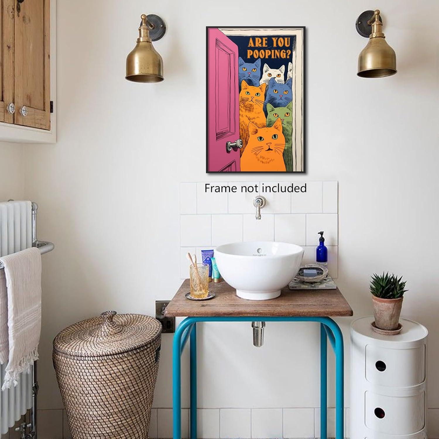 Funny Bathroom Cat Print Poster, Funky Are You Pooping Cat Sign Canvas Wall Art, Quirky Cats Witty Humor Pictures Artwork for Toilet Wall Decor 12x16in Unframed