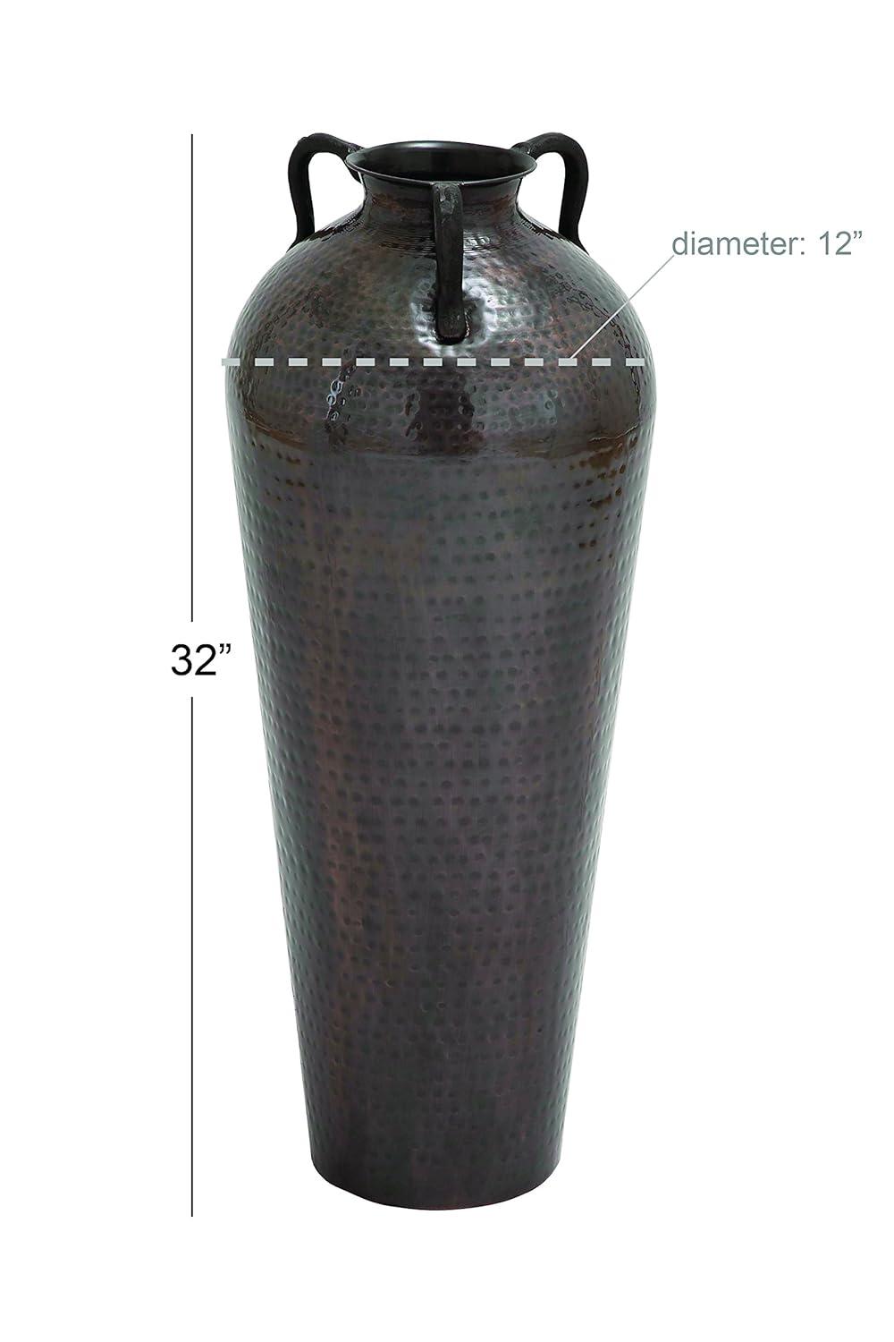 DecMode 28" Tall Floor Mediterranean Style Brown Metal Vase with Hammered Details and Handles