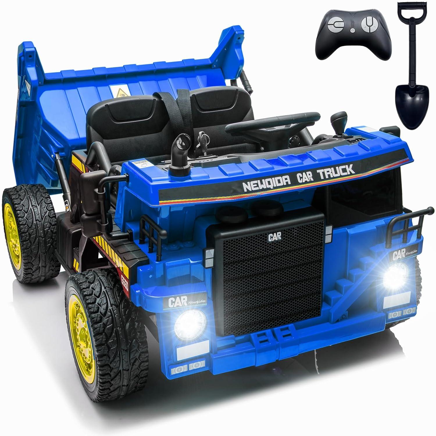 NEWQIDA 12V Ride On Dump Truck for Kids Car with Remote Control Construction Vehicles with Electric Dump Bed/Shovel, Ride On Toys for Boys Girls, 19" Spacious Seat, Music, Soft Start, Music, Blue