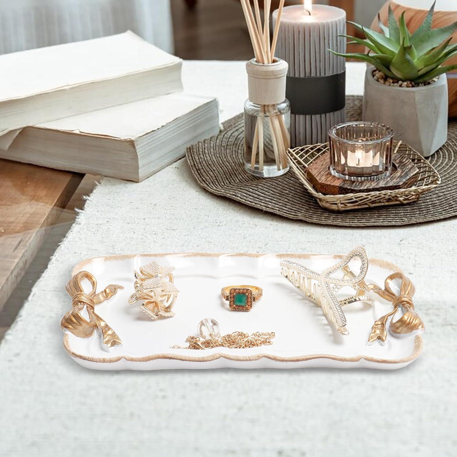 Vintage Decorative Tray Towel Tray Storage Tray Dish Plate Fruit Trays Rings Chain Bracelets Earrings Trays Cosmetics Jewelry Organizer Retro Design Bow-Knot Resin Plate (White)