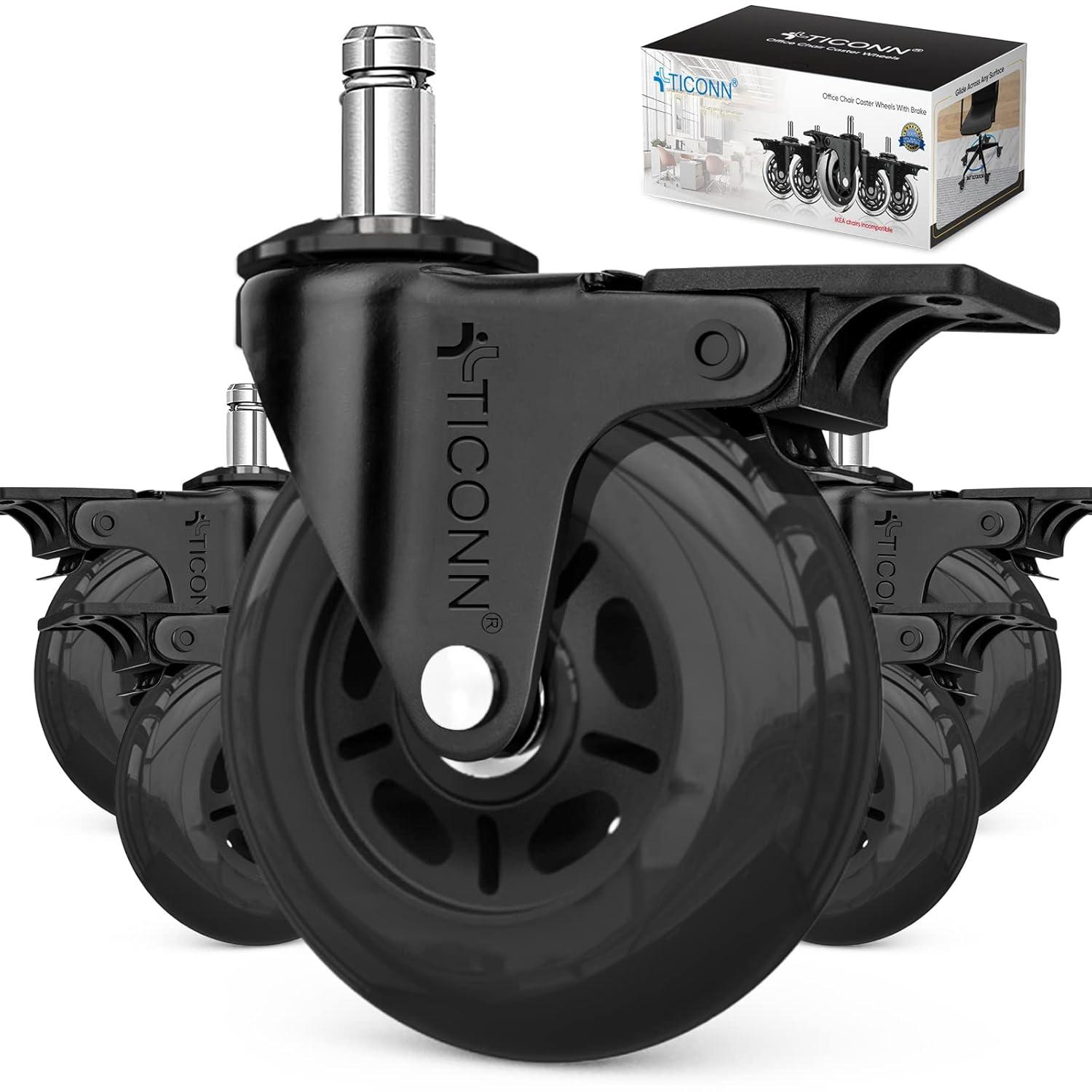 TICONN Office Chair Caster Wheels Set of 5 for Tile, Hardwood Floors and Carpets, Universal Fit for Most Chairs (Black)