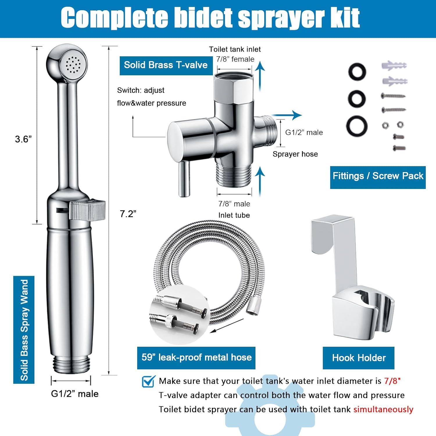 SonTiy Handheld Bidet Sprayer for Toilet, Cloth Diaper Sprayer Set Hand Held Bidet Jet Spray for Toilet with Backflow Preventer, Adjustable Water Pressure Control, Brass 7.2" Hand Bidet Wand, Chrome