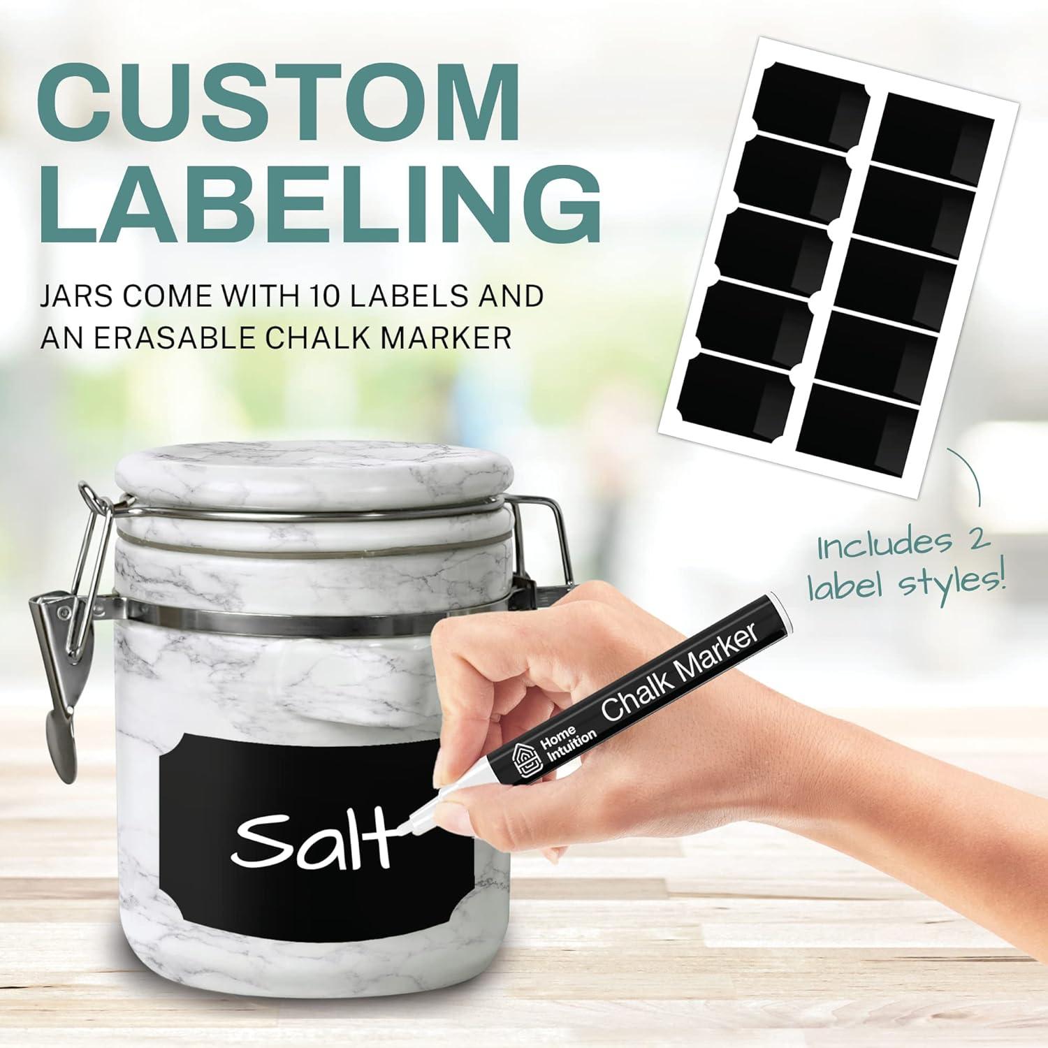 Home Intuition Home Intuition Ceramic Kitchen Canisters Set of 4 with Wooden Spoons Reusable Chalk Labels, Coffee, Tea (Light Blue)