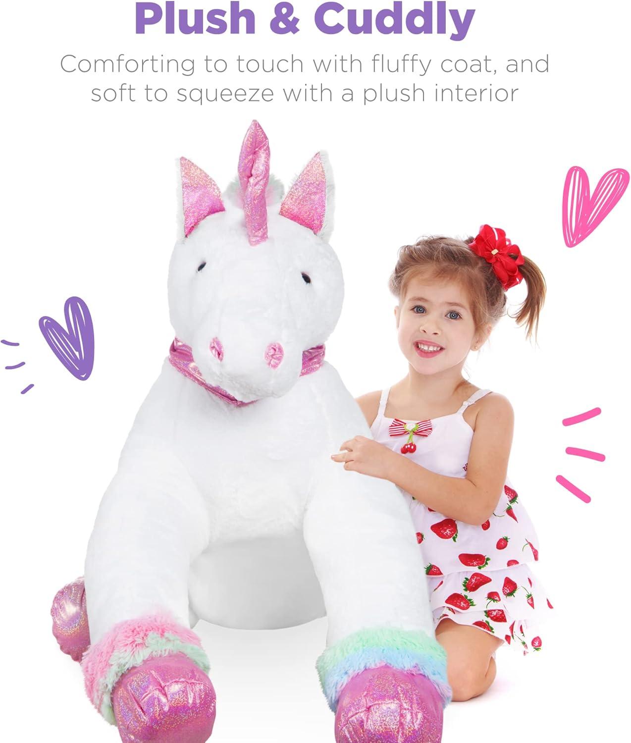 Best Choice Products 52in Kids Large Plush Unicorn, Life-Size Stuffed Animal Toy w/ Rainbow Details - White Faux Fur