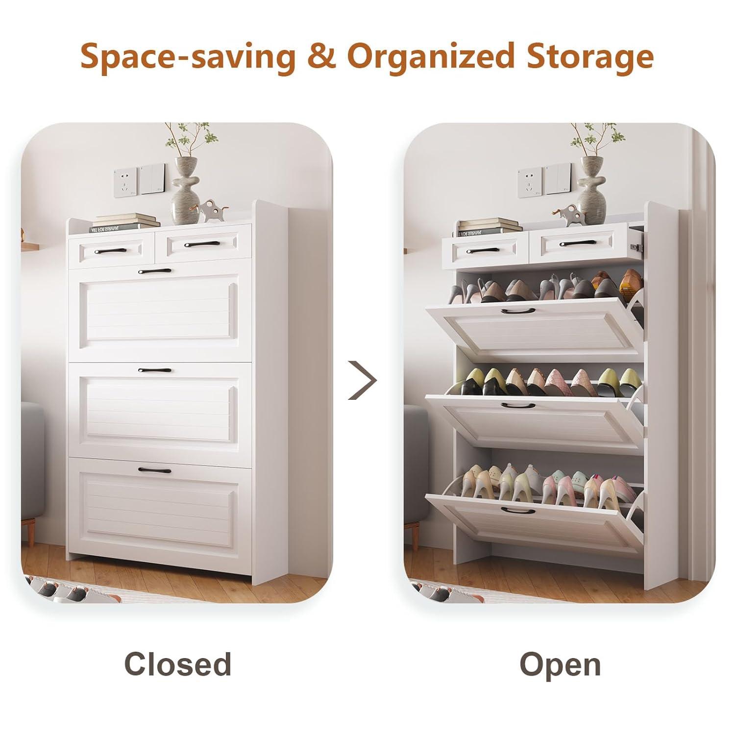 Miniyam Shoe Cabinet, Flip Down Freestanding Shoe Rack with Drawers, Entryway Shoe Storage Organizer, White