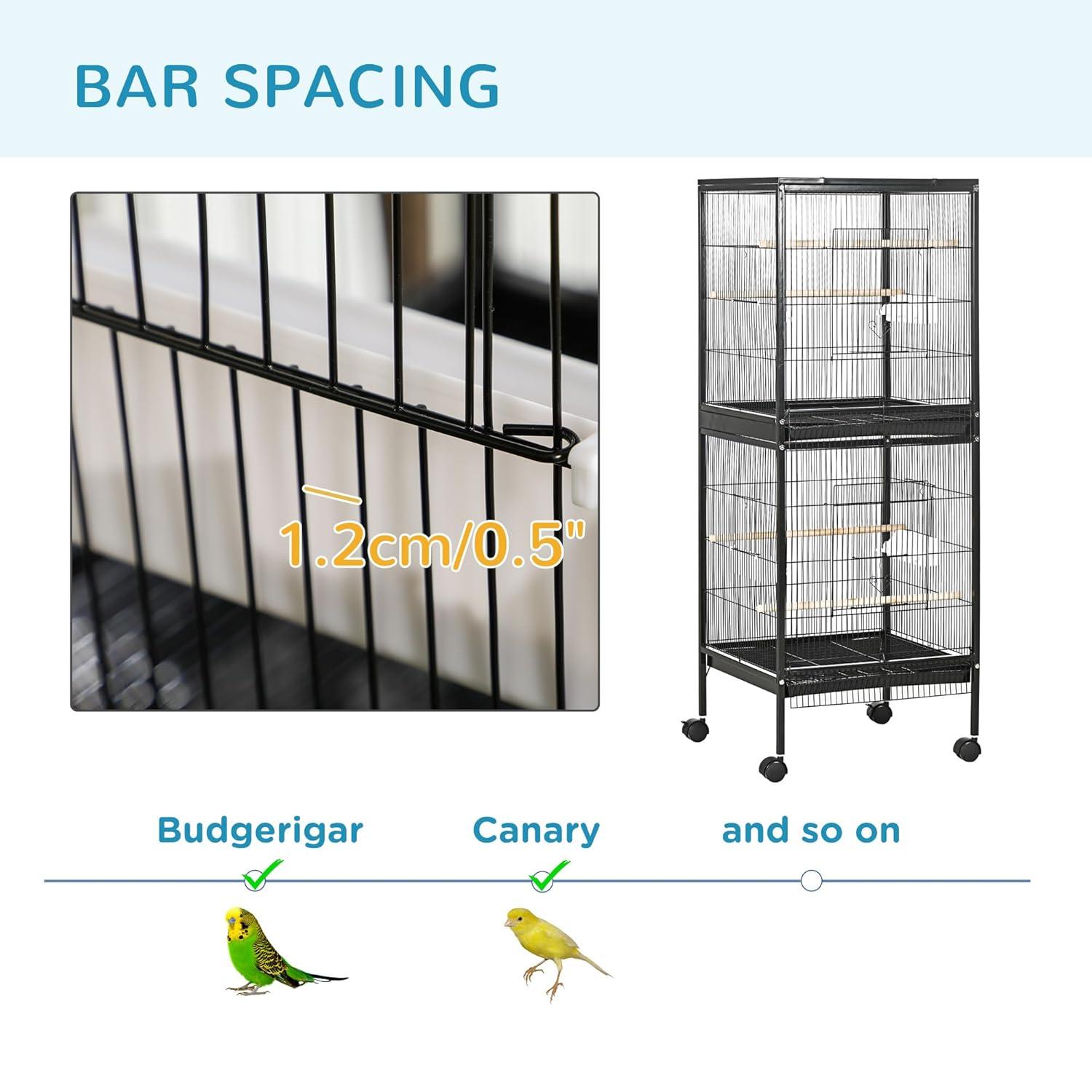 PawHut 55" 2 In 1 Bird Cage Aviary Parakeet House for finches, budgies with Wheels, Slide-out Trays, Wood Perch, Food Containers, Black