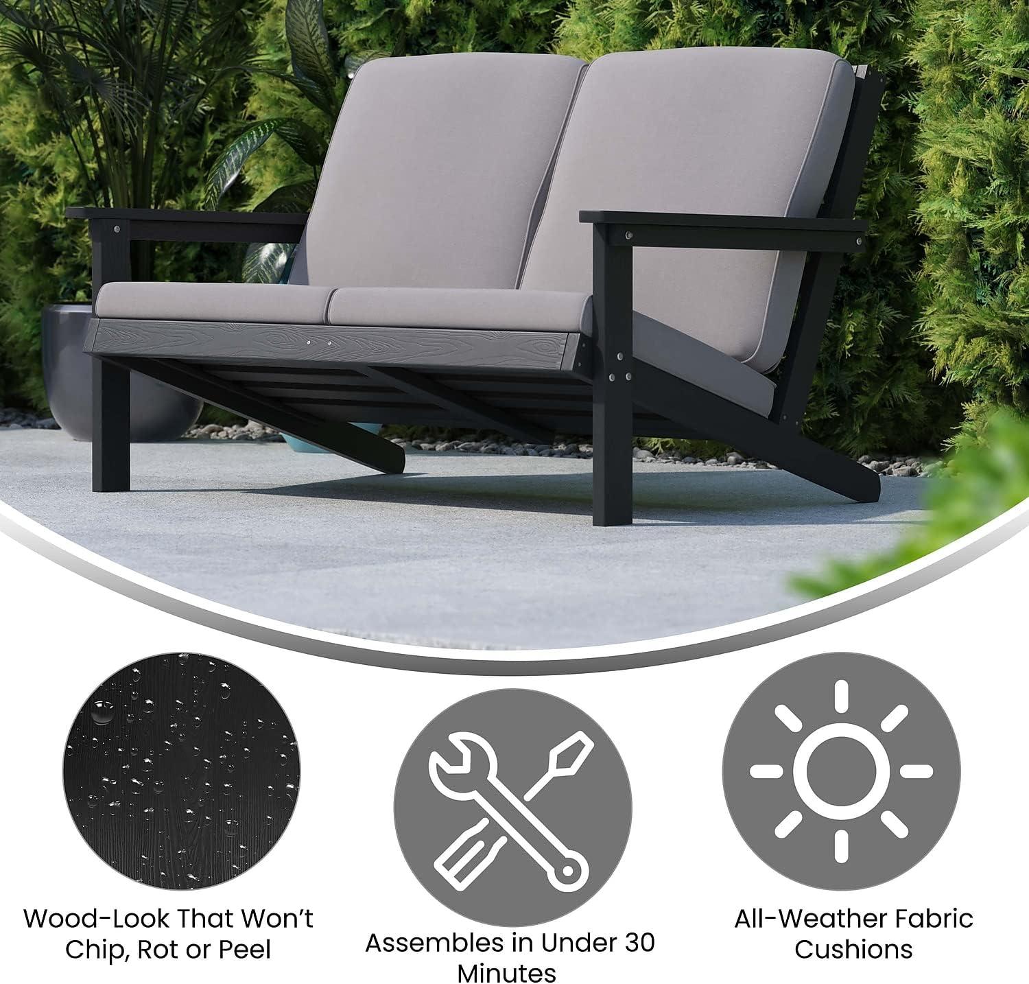 Flash Furniture Charlestown All-Weather Poly Resin Wood Adirondack Style Deep Seat Patio Loveseat with Cushions