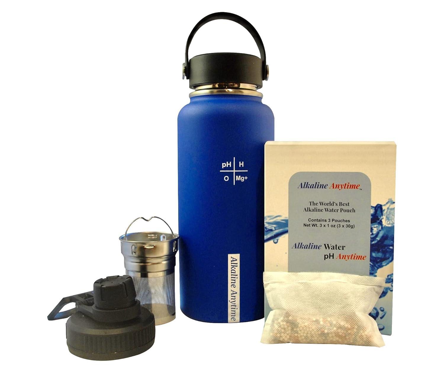 32oz. Alkaline Water Bottle Stainless Steel | Creates pH Water up to 9.5+ pH | Wide Mouth Vacuum Insulated With Handle | Micromesh Pouch and Infuser