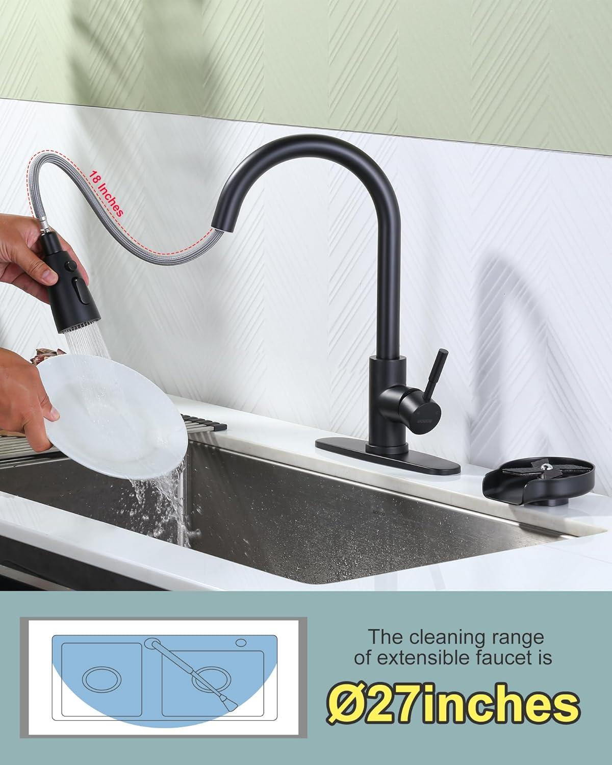 WOWOW Kitchen Faucet with Sprayer, Kitchen Sink Faucet, SUS 304 Stainless Steel, High Arc Single Handle Brushed Nickel Kitchen Faucets with Pull Down Sprayer, Pull Out Kitchen Faucet with Deck Plate