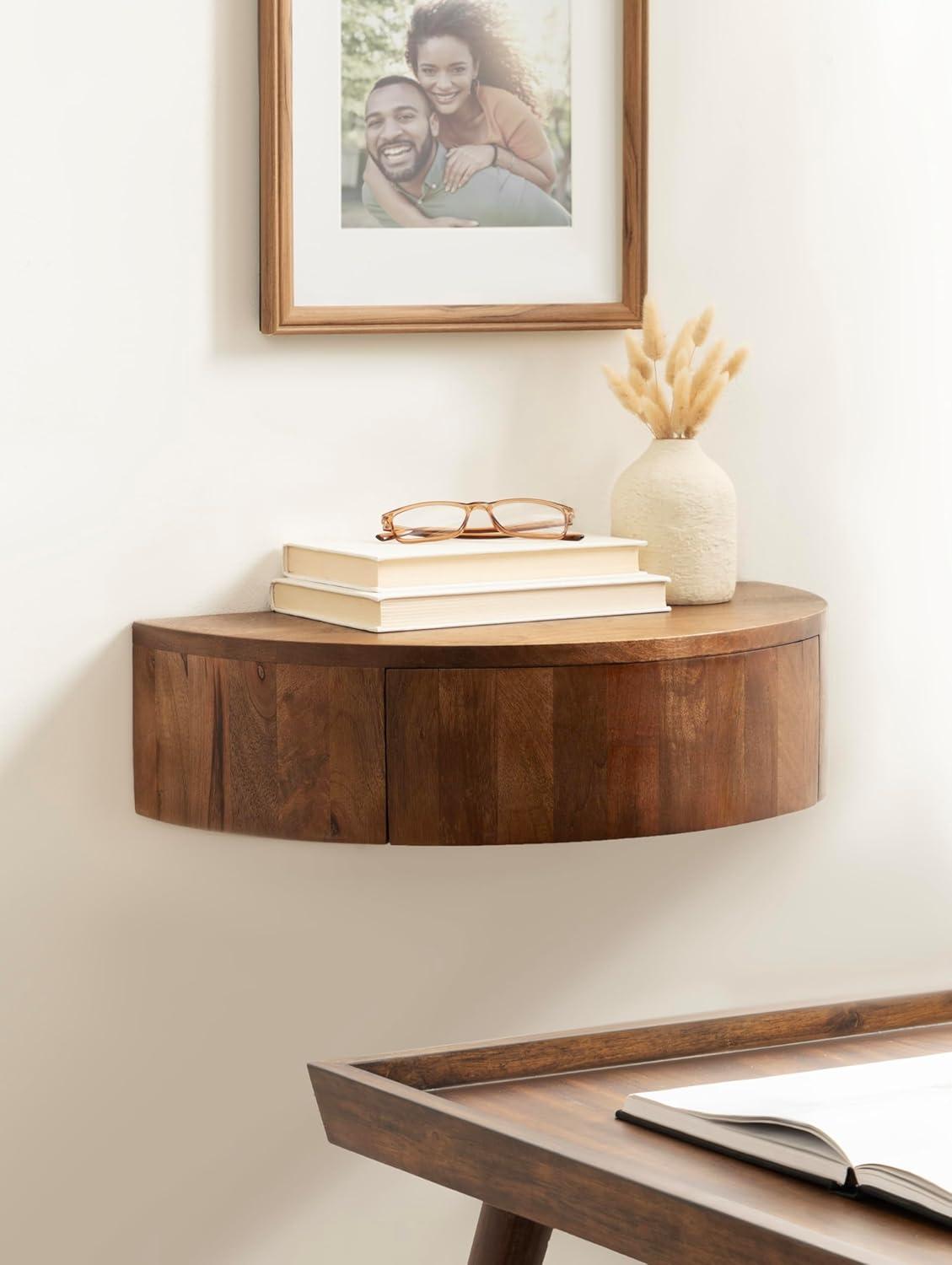 Walnut Brown Mango Wood Floating Side Table with Drawer