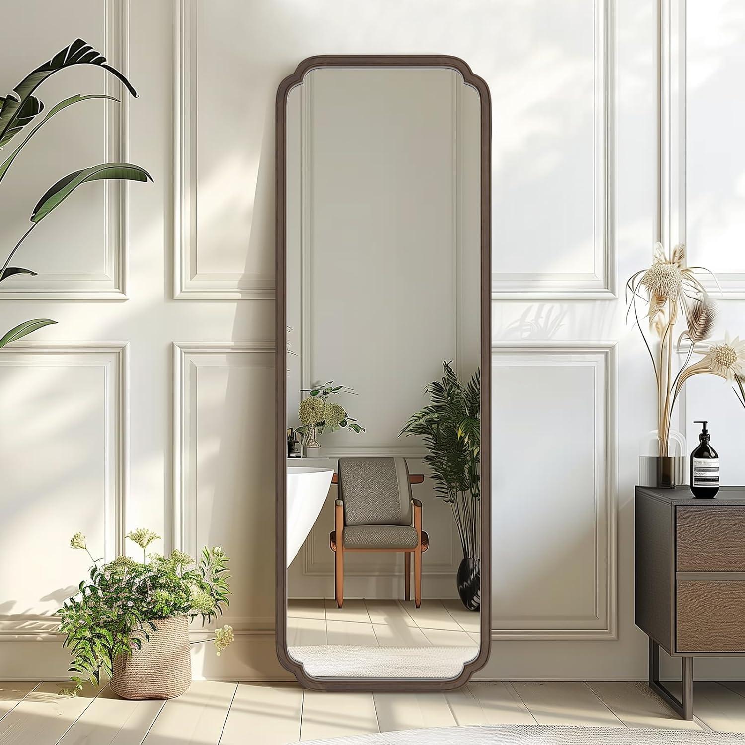 Walnut Full Length Rectangular Mirror with Intricate Wooden Frame