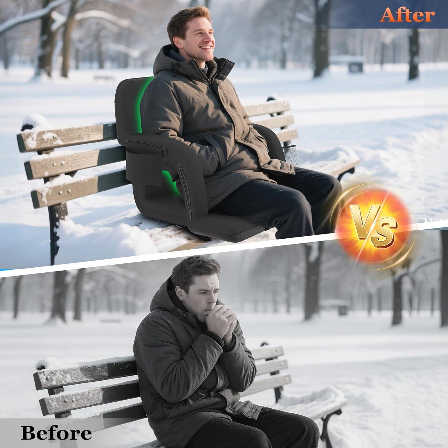 PNKKODW 21" 2PCS Foldable Heated Stadium Seats for Bleachers w/ Back Support, Extra Portable Bleacher Seat, USB 3 Levels of Heat, 5 Pockets for Outdoor Camping Games Sports(No Battery)