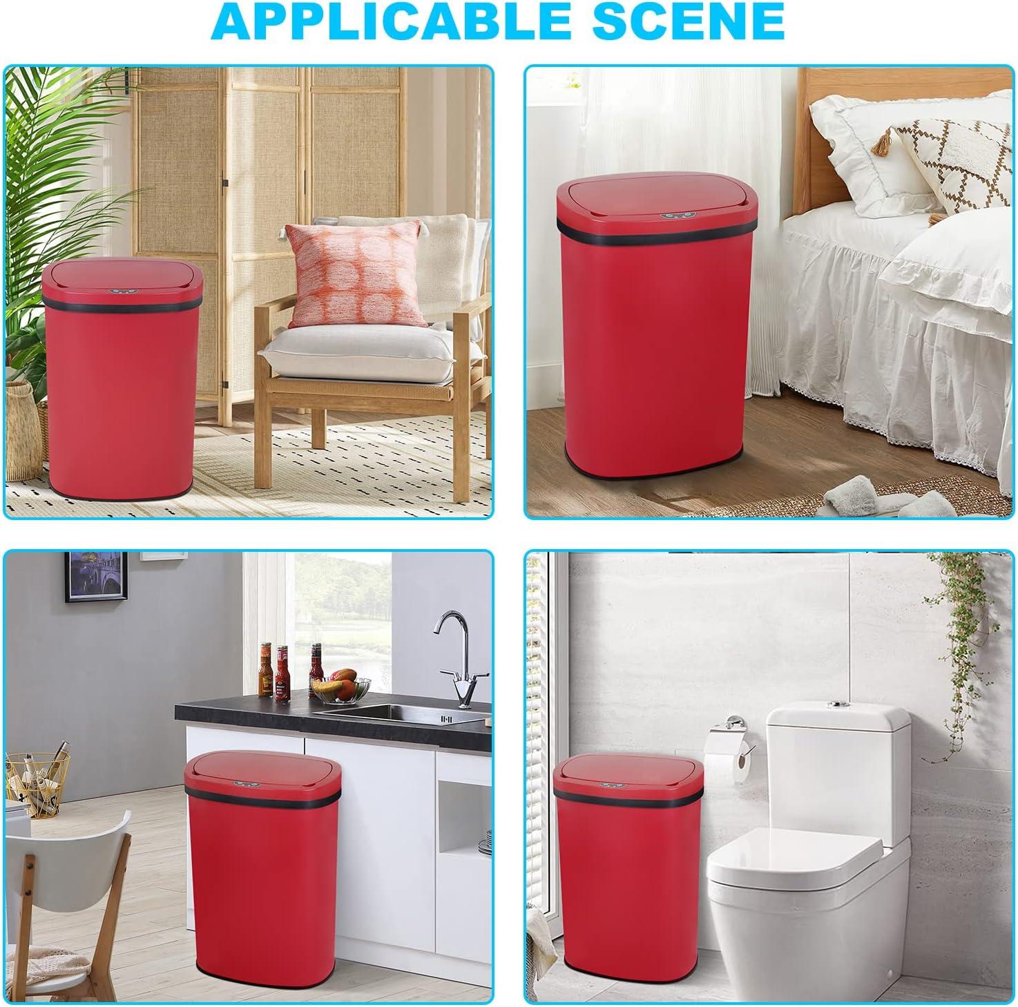 13 Gallon 50L Touch Automatic Stainless Steel Trash Can Garbage Can Metal Trash Bin with Lid for Kitchen Living Room Office Bathroom, Electronic Sensor Automatic Trash Can - Red