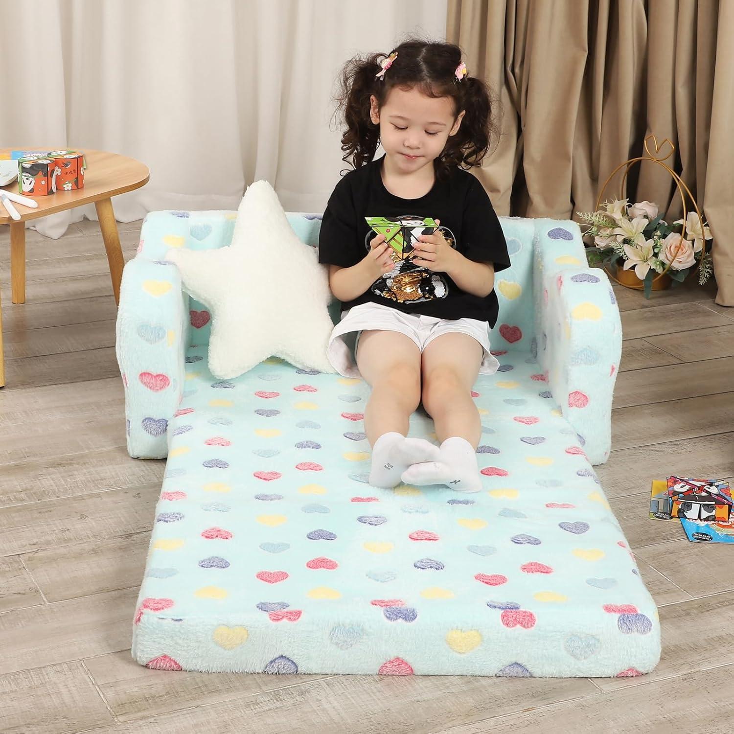 Extra Wider Seating Toddler Couch, 2-in-1 Toddler Soft Couch Fold Out with Star Pillow, Convertible Sofa to Lounger for Girls and Boys