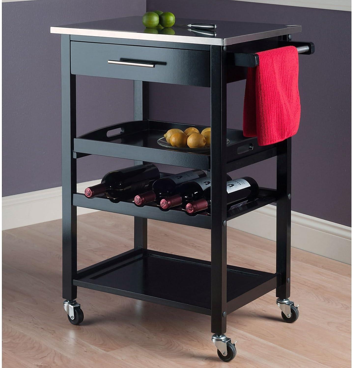 Anthony Stainless Steel Top Kitchen Cart Wood/Black - Winsome: Mobile Island, Wine Storage, Towel Rack