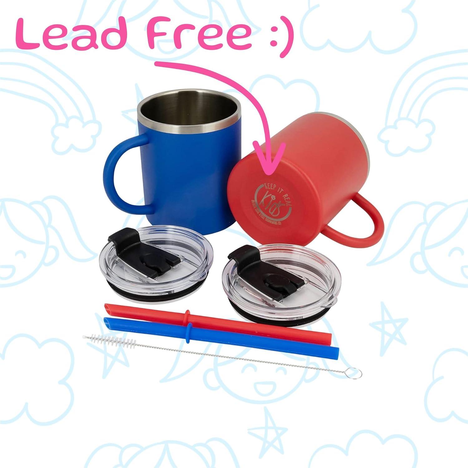Stainless Steel Kids Mugs - BPA Free 10 oz Childrens Cup, Coffee Style Mugs for Hot Chocolate, Milk, Set of 2 with Handle, Lid and Straw (Blue / Red)…
