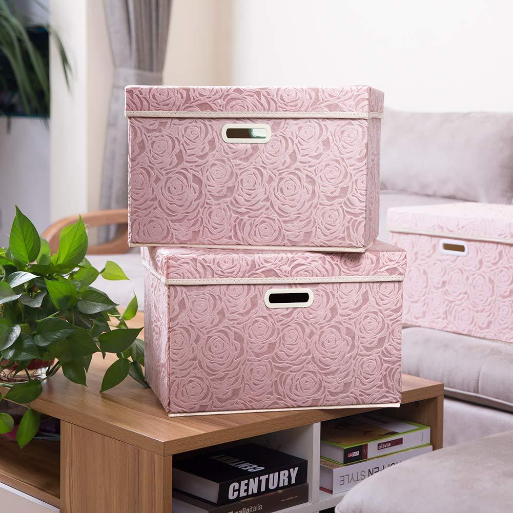 Prandom Larger Foldable Storage Boxes with Lid,Rose Pattern Fabric Decorative Storage Box,Cubes Organizers,Baskets with Handles,For Bedroom,Closet, Living Room,Pink,45x30x30cm[3-Pack]