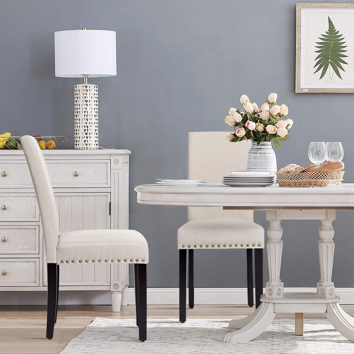 Costway Set of 2 Fabric Dining Chairs Upholstered with Nailhead Trim Beige