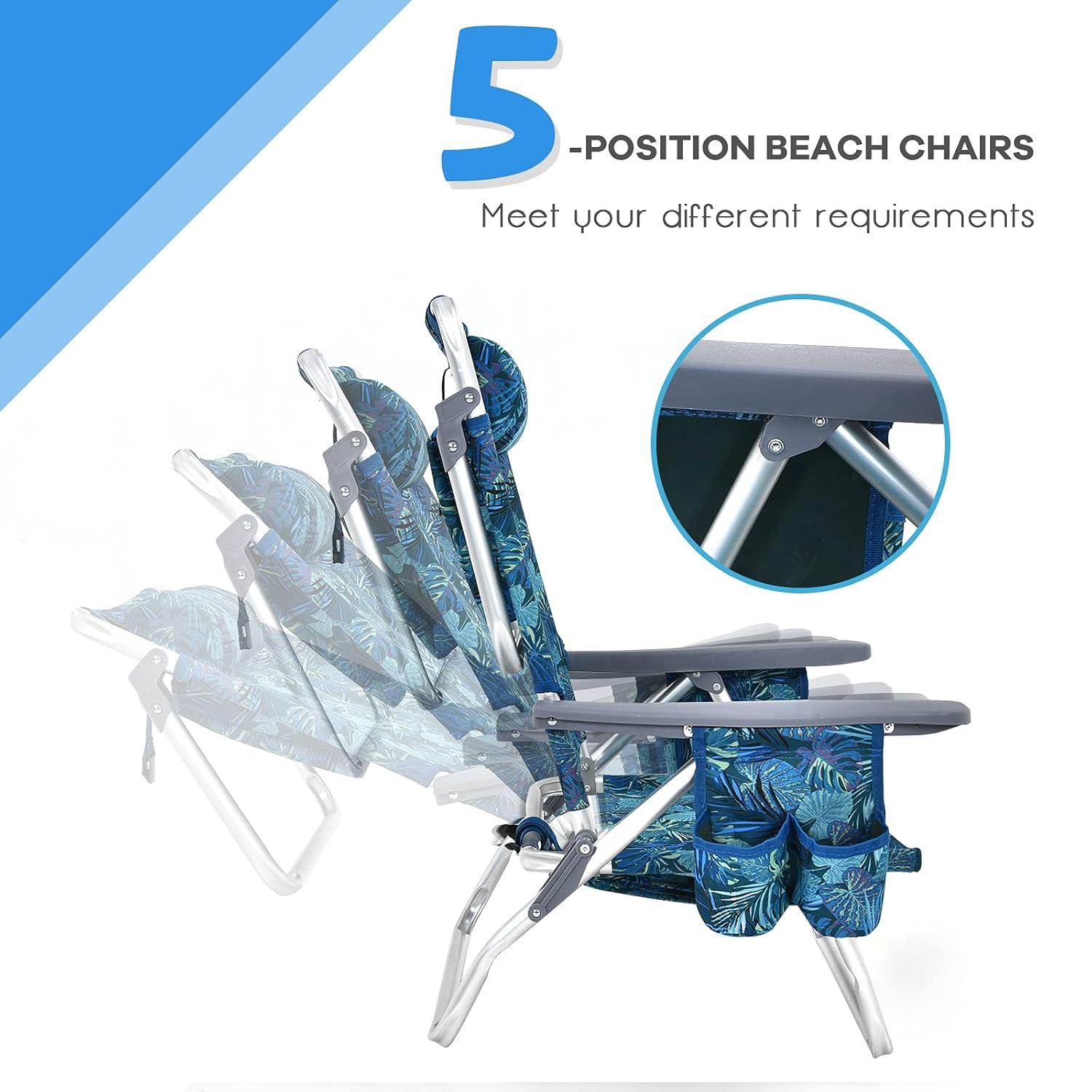 Topcobe 2-Pack Folding Backpack Beach Chair 5-Position Outdoor Reclining Chairs with Pillow, Foldable Outdoor Patio Chair for Deck, Backyard, Navy