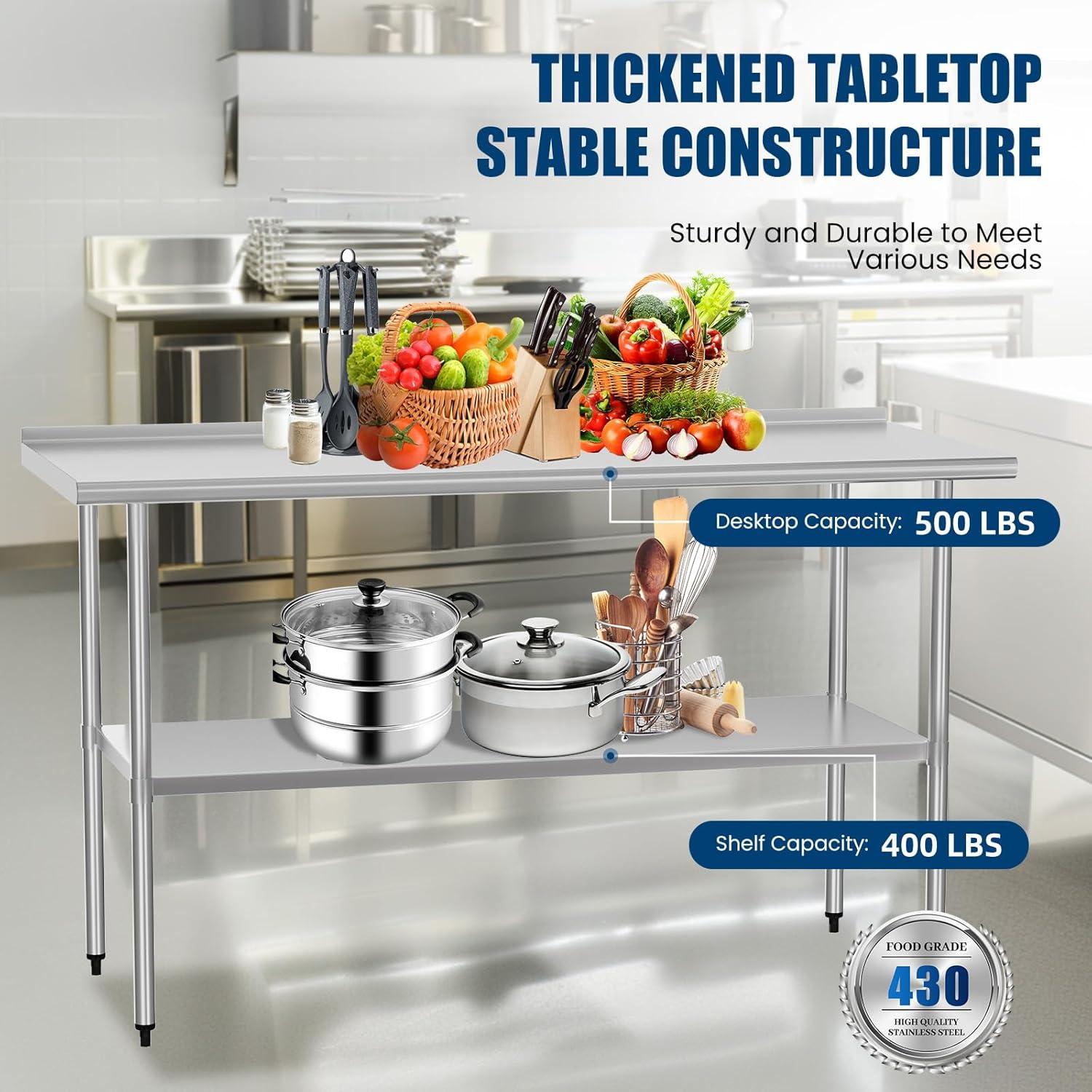 HARDURA Stainless Steel Table Prep & Work Table 24 x 60 Inches NSF Heavy Duty Commercial with Undershelf and Backsplash for Restaurant Kitchen Home and Hotel