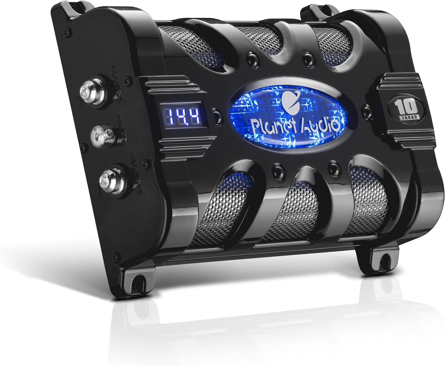 Planet Audio PC10F 10 Farad 24-Volt DC Surge 3-Digit Digital Blue LED Voltage Display Car Audio Power Capacitor Cap, Black