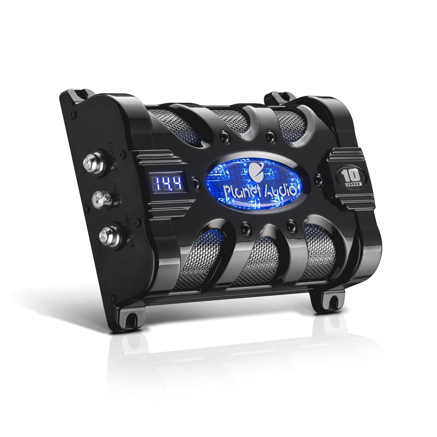 Planet Audio PC10F 10 Farad 24-Volt DC Surge 3-Digit Digital Blue LED Voltage Display Car Audio Power Capacitor Cap, Black