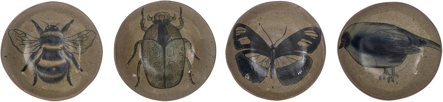 Creative Co-Op Stoneware Plate Set with Insect and Bird Designs, Multicolor, Set of 4