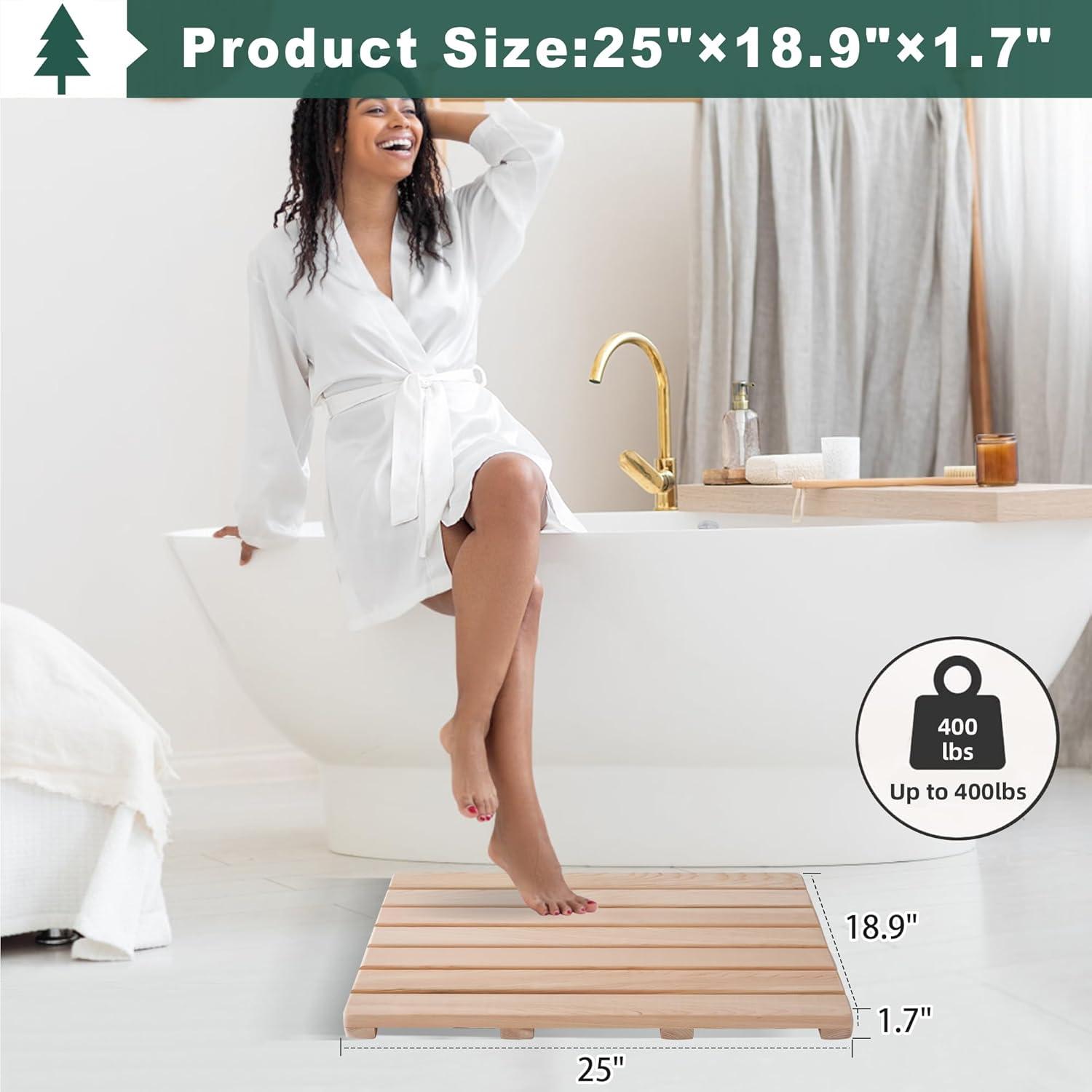 bingaai Hinoki Wood Shower and Bath Mat 25×18.9 in, Natural Japanese Hinoki Wooden Bath Mat, Non-Slip Bathroom Mat Wood for Indoor Outdoor Shower, Wooden Floor Mat for Spa Sauna Camping