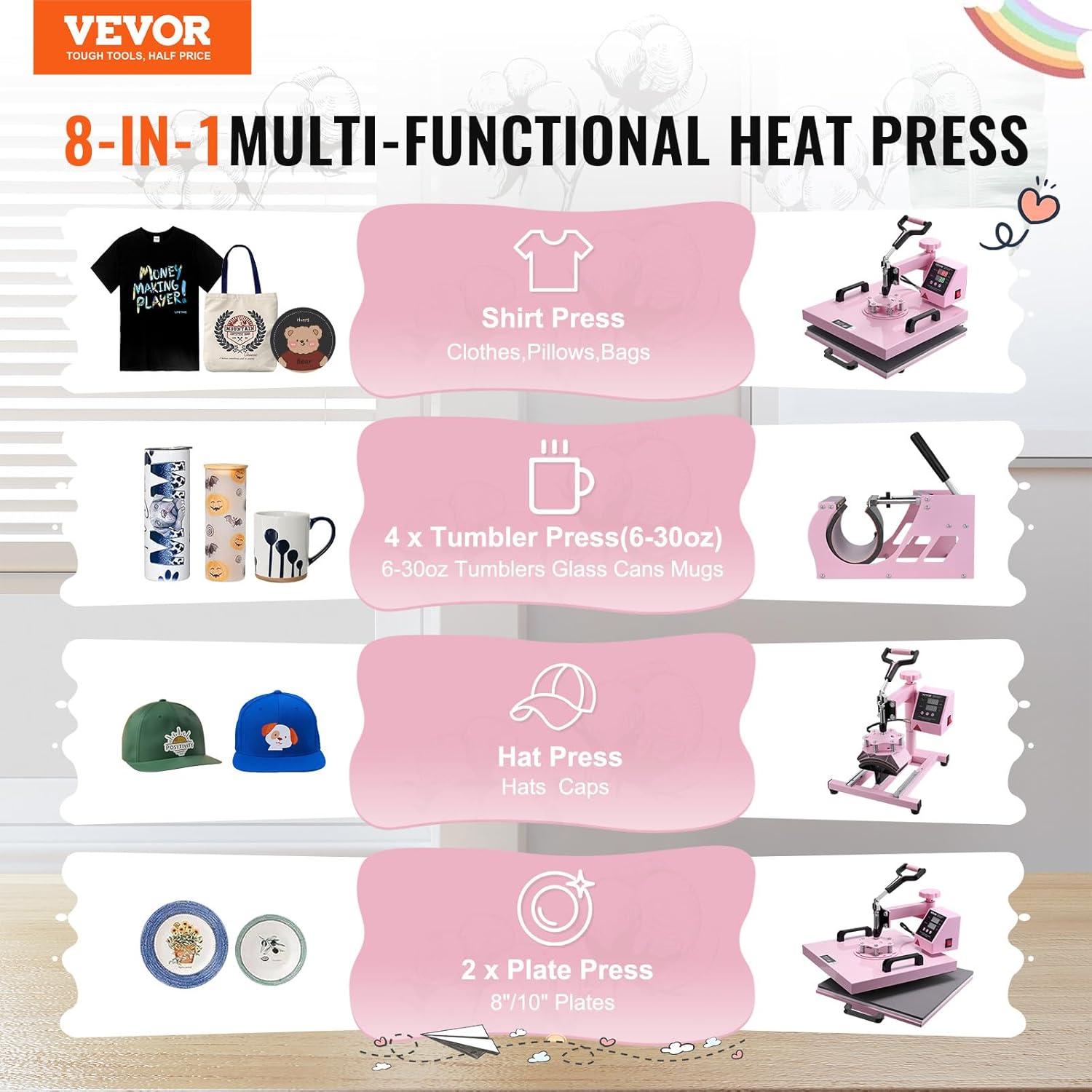 VEVOR Heat Press Machine 15x15 inch, Heat Press Machine for T-Shirts, 5 in 1 Heat Press with 30 OZ Tumbler Press, Combo Tumbler Heat Press Machine Sublimation for Hat Cap Mug Plate, Pink