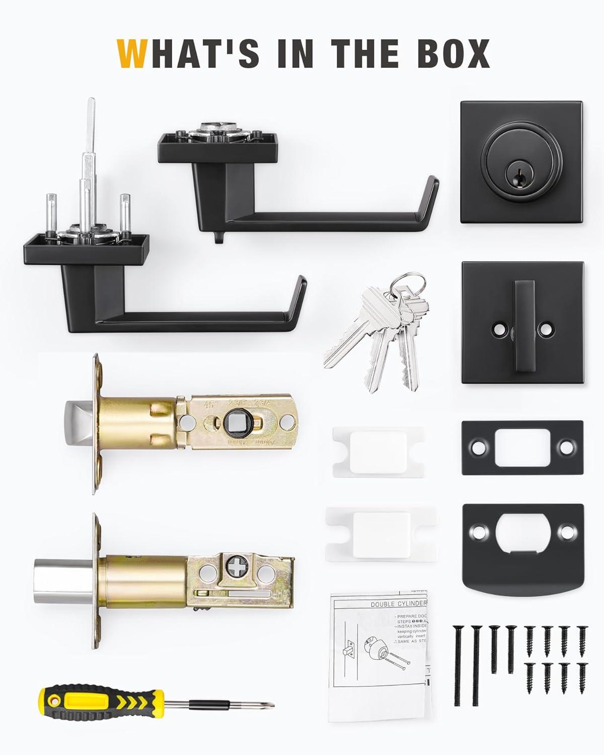 Front Door Handle and Deadbolt Set, Matte Black Exterior Door Lock Set with Deadbolt, Front Door Handles and Locks (2 Pack)